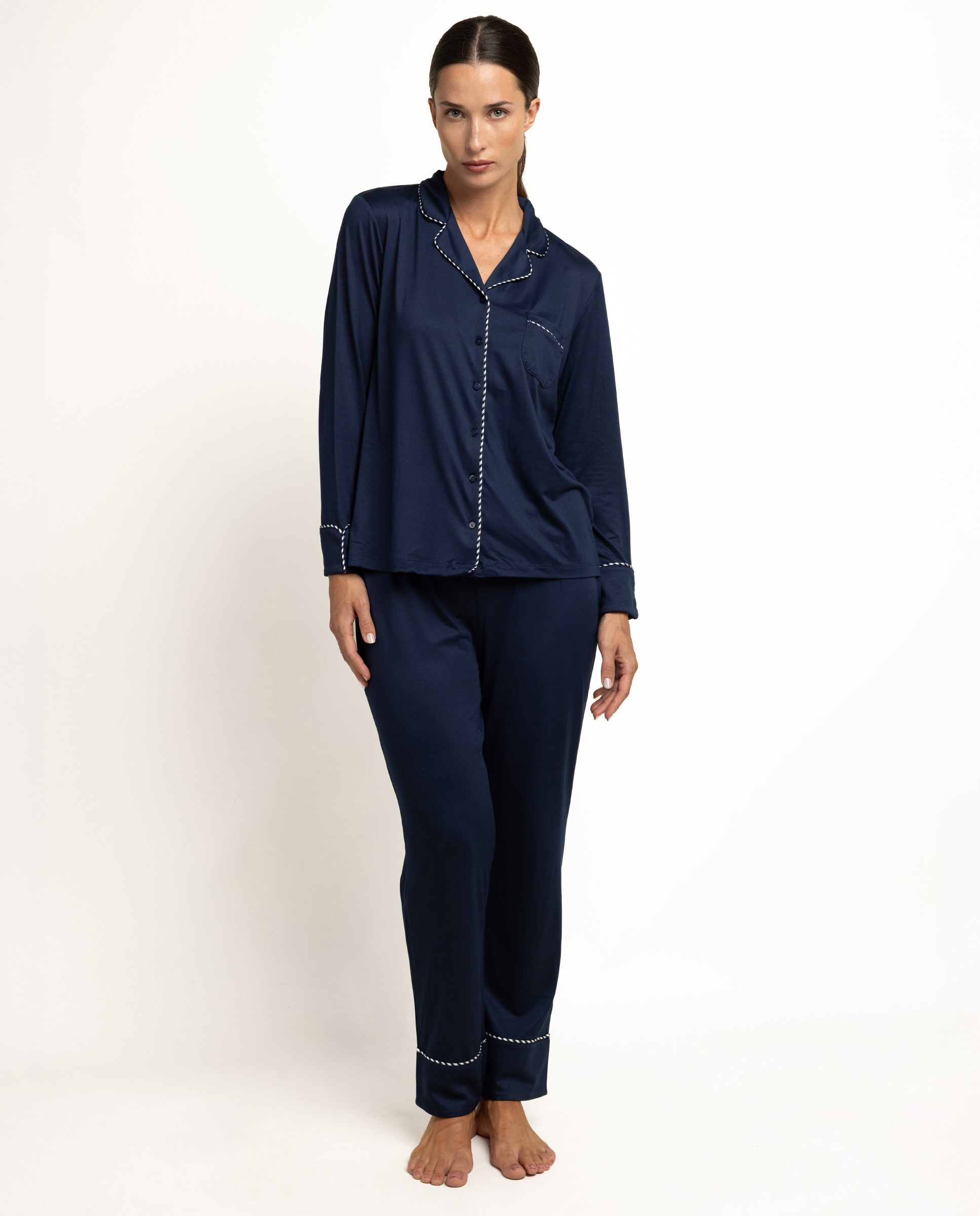 Pijama largo abierto de mujer de punto de microfibra - Admas - Azul marino Azul marino-1