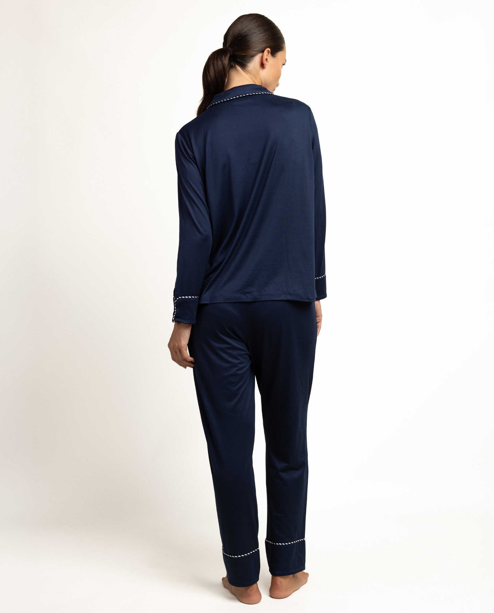 Pijama largo abierto de mujer de punto de microfibra - Admas - Azul marino Azul marino-2