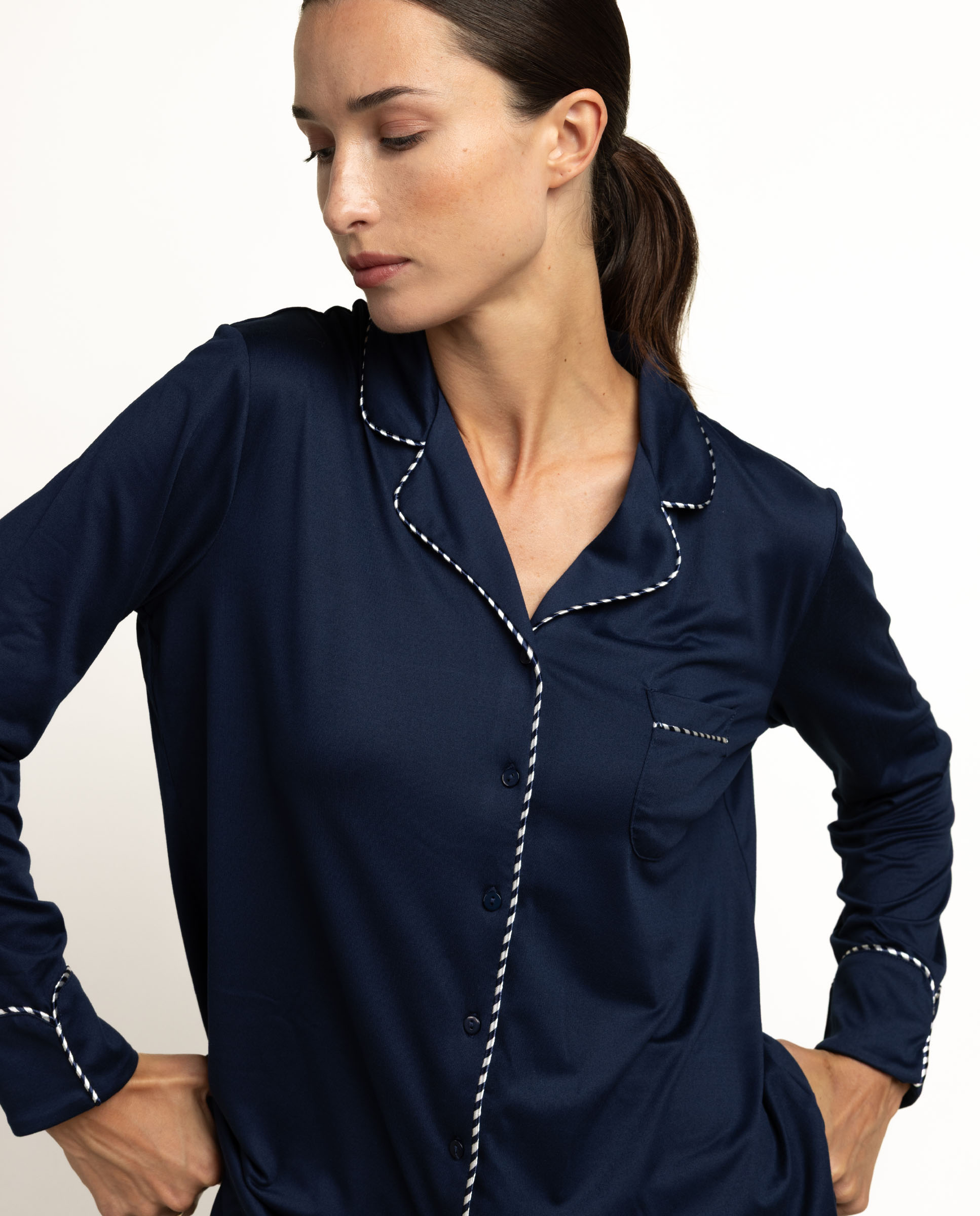 Pijama largo abierto de mujer de punto de microfibra - Admas - Azul marino Azul marino-3