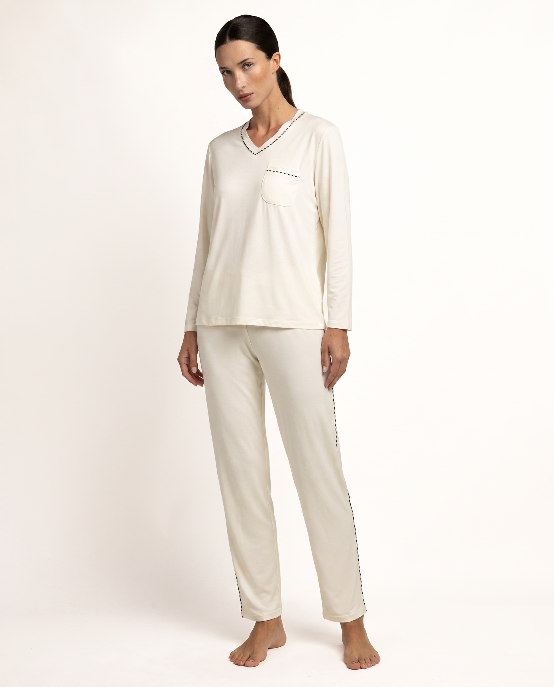 Pijama largo de mujer de punto de microfibra - Admas - Crema Crema-1