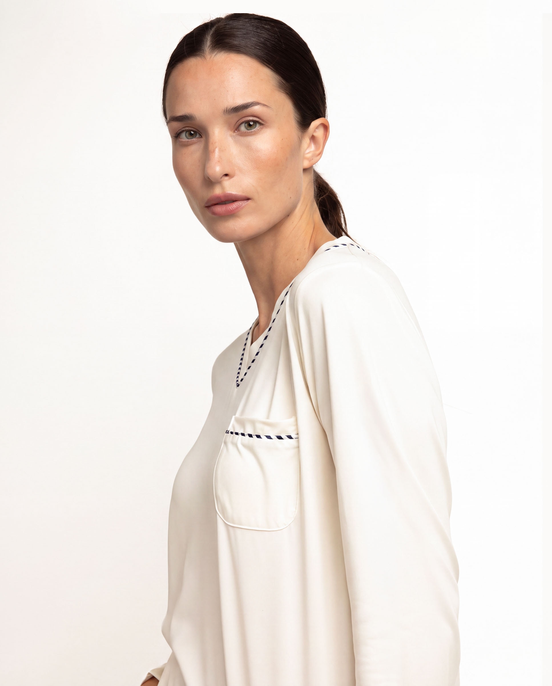 Pijama largo de mujer de punto de microfibra - Admas - Crema Crema-3