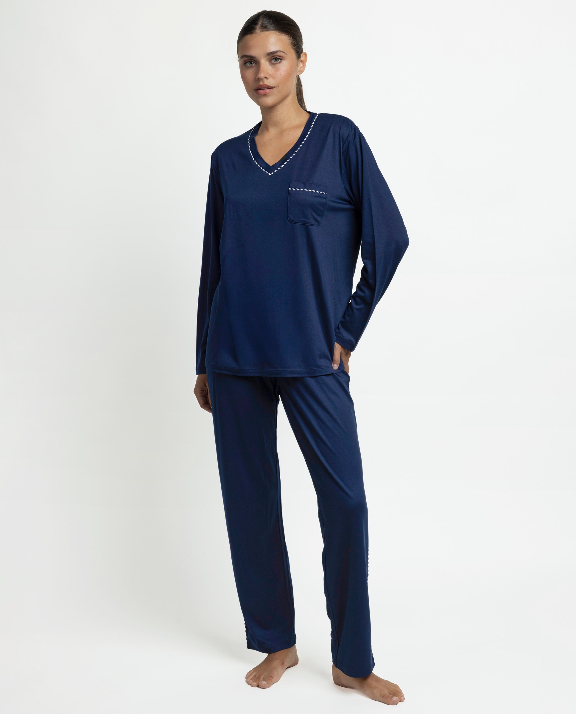 Pijama largo de mujer de punto de microfibra - Admas - Azul marino Azul marino-1