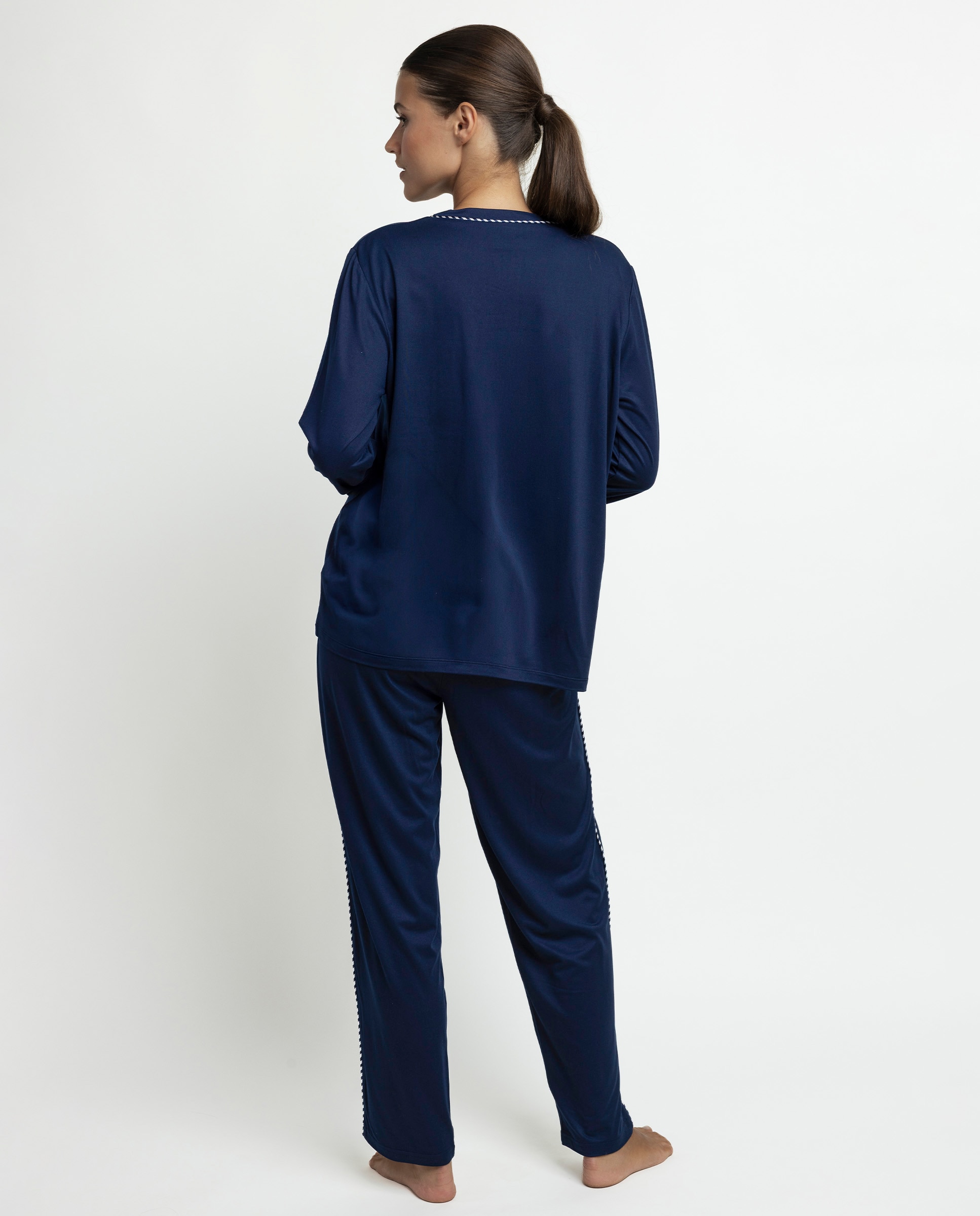 Pijama largo de mujer de punto de microfibra - Admas - Azul marino Azul marino-3