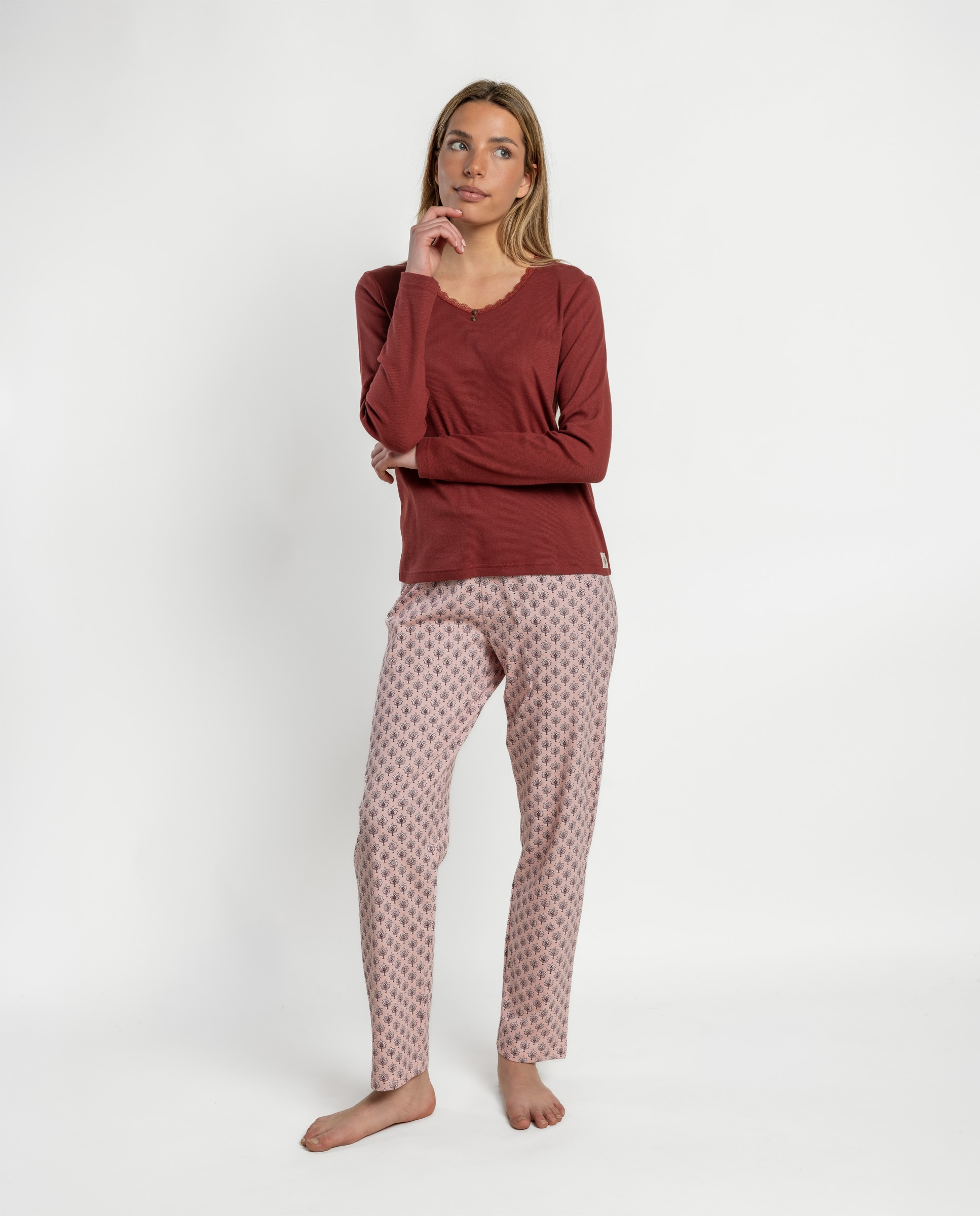 Pijama largo de mujer de punto de algodón canalé - Admas - Burdeos Burdeos-1