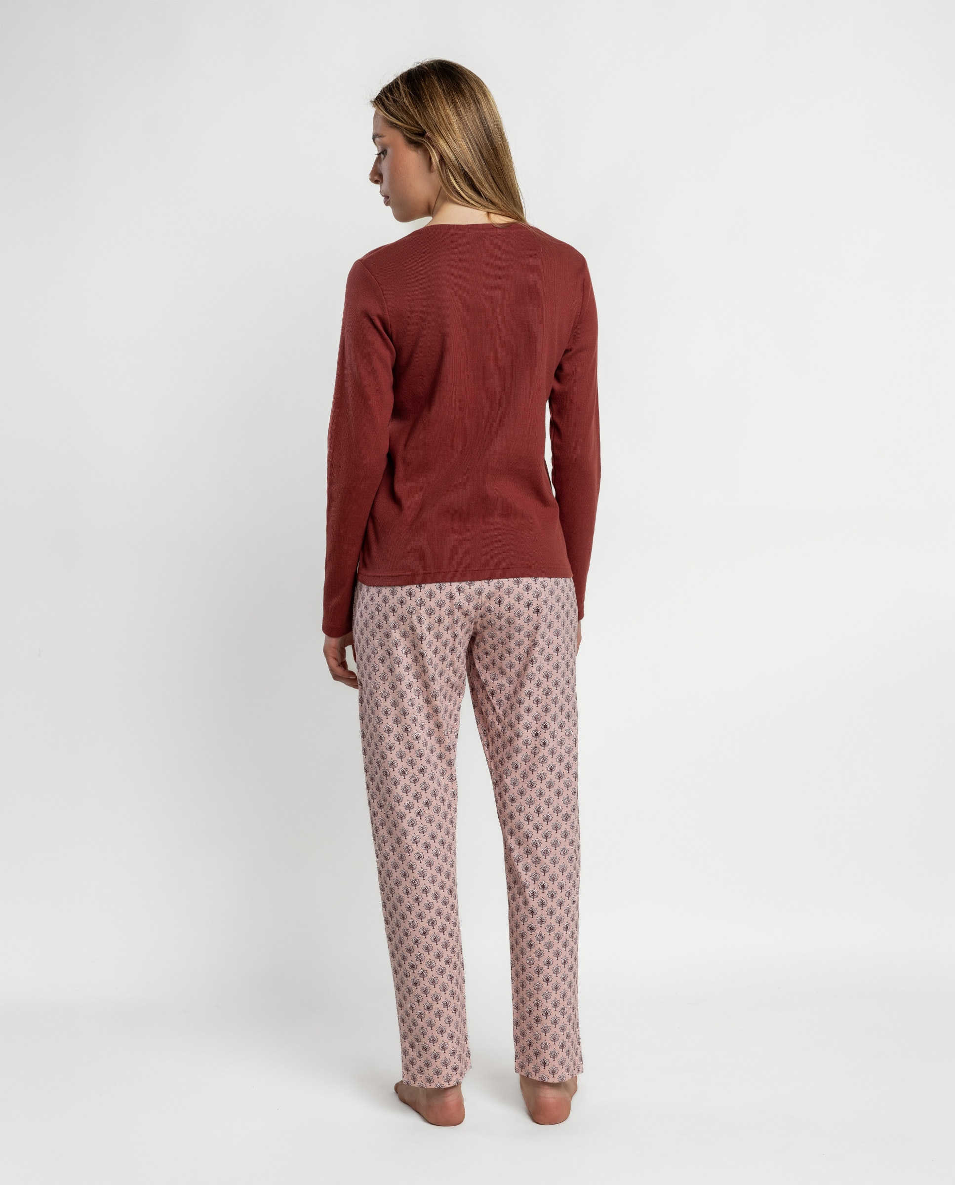 Pijama largo de mujer de punto de algodón canalé - Admas - Burdeos Burdeos-2