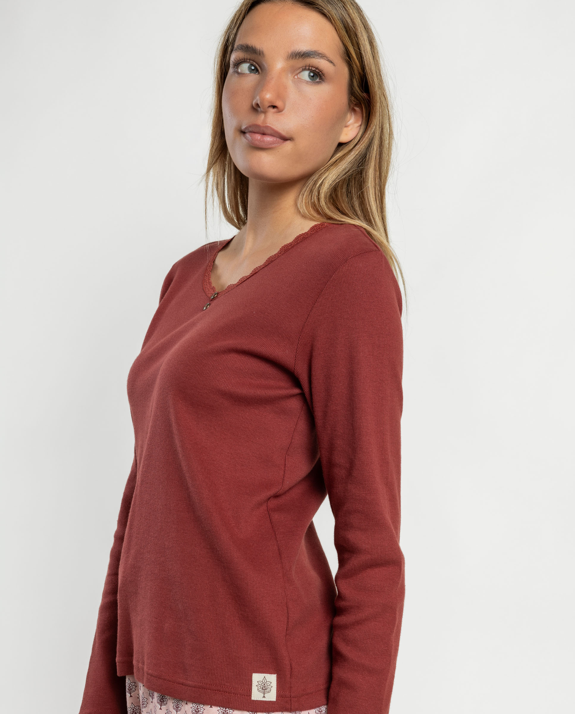 Pijama largo de mujer de punto de algodón canalé - Admas - Burdeos Burdeos-3
