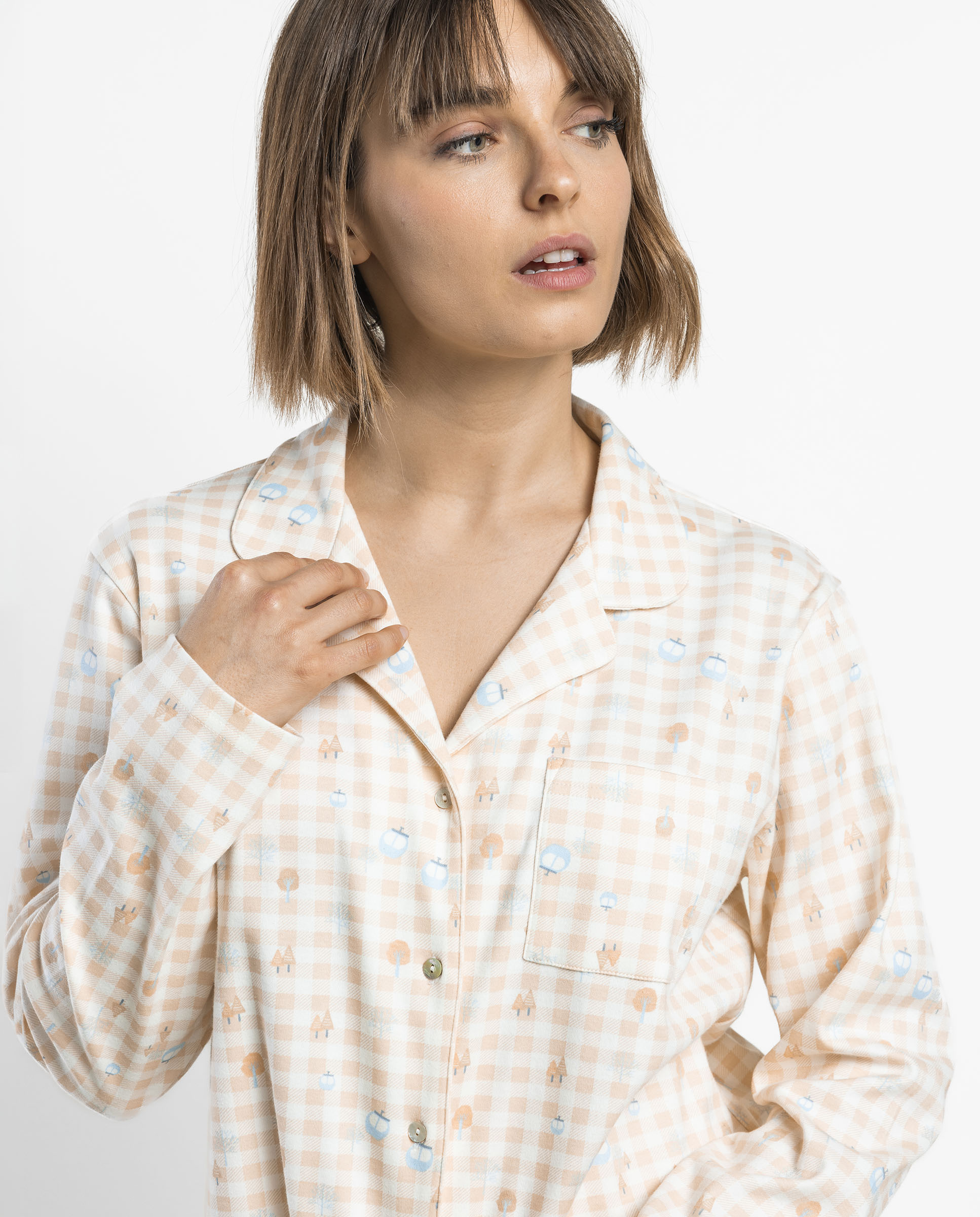 Pijama largo abierto de mujer de punto interlock de algodón - Admas - Salmón Salmón-3