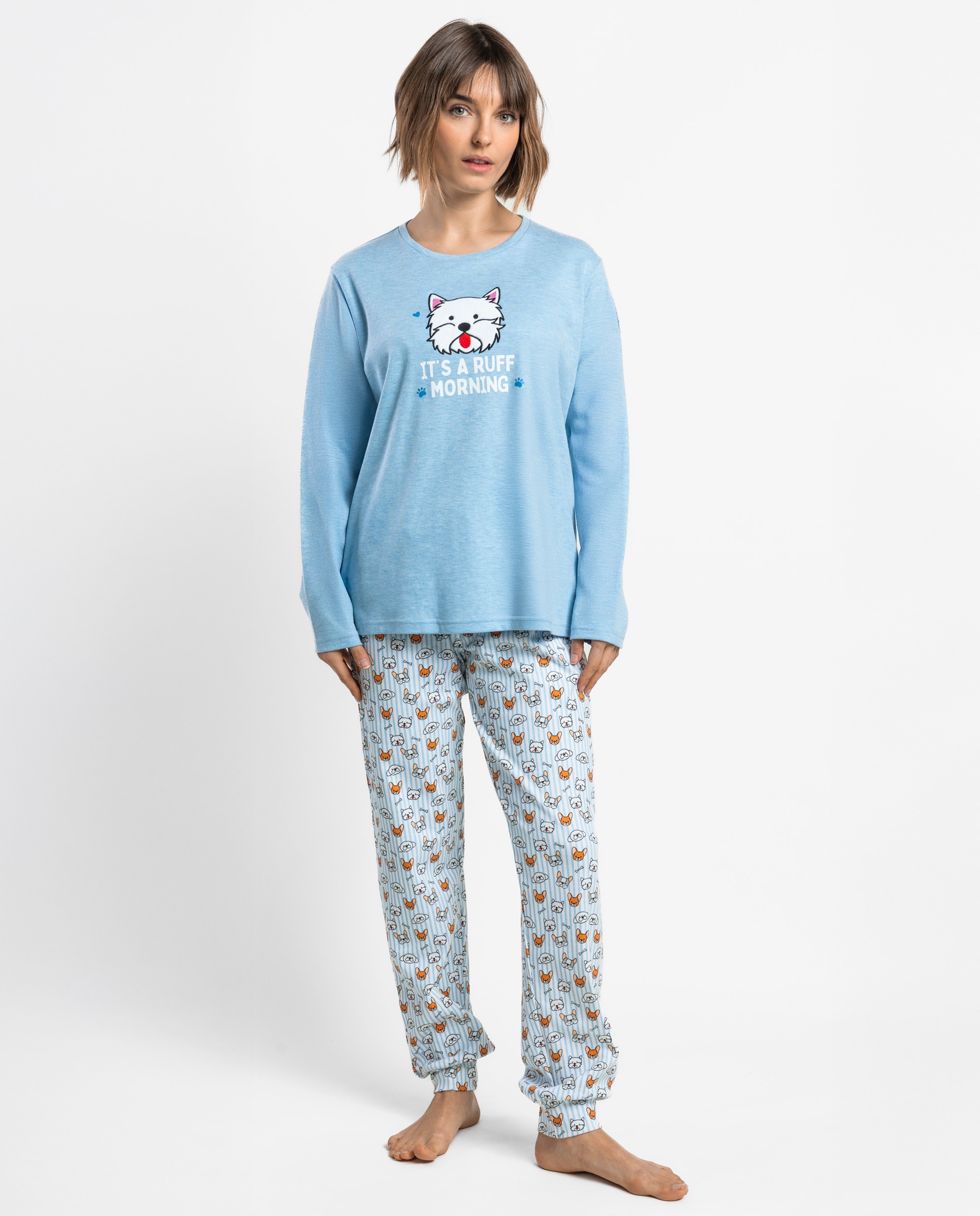 Pijama largo de mujer de punto de algodón - Admas - Azul Azul-1