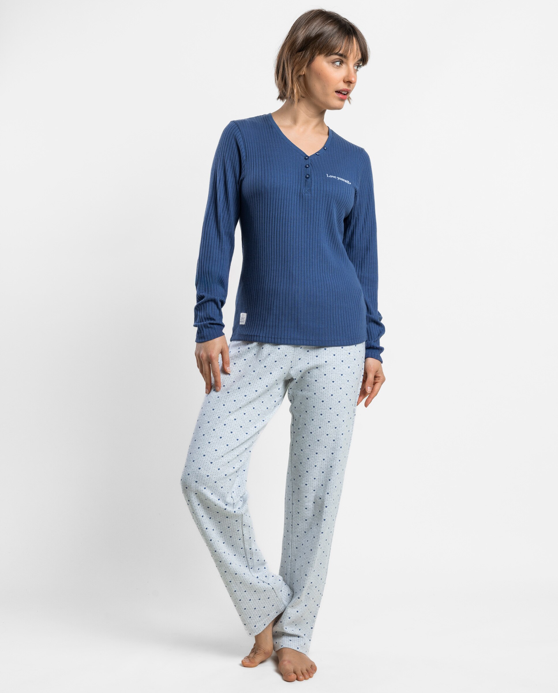 Pijama largo de mujer de punto de algodón canalé - Admas - Azul Azul-1