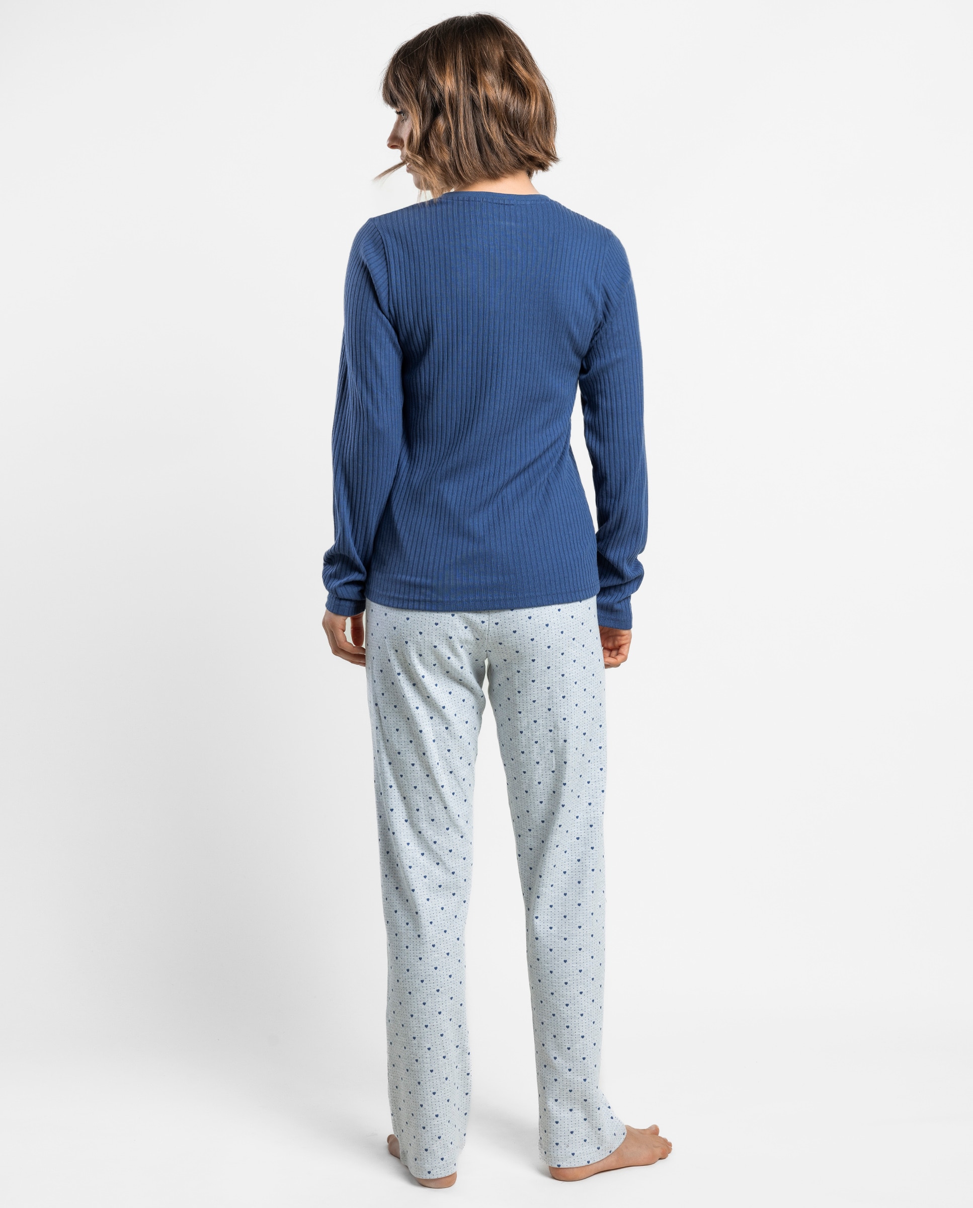 Pijama largo de mujer de punto de algodón canalé - Admas - Azul Azul-2