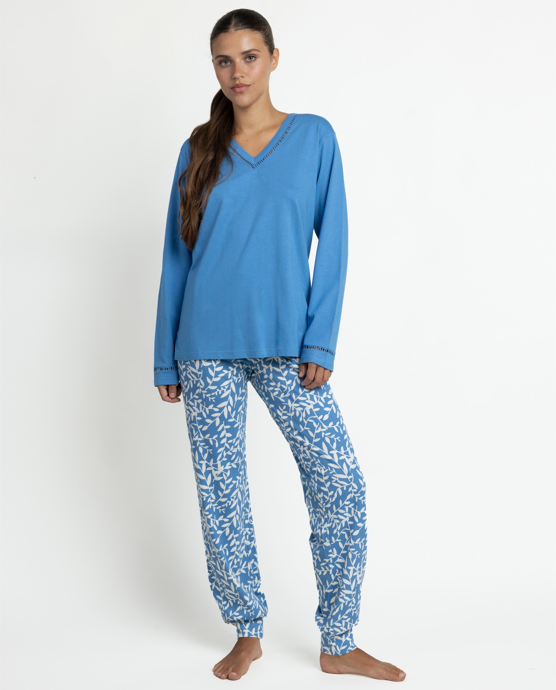 Pijama largo de mujer de punto de algodón - Admas - Azul Azul-1