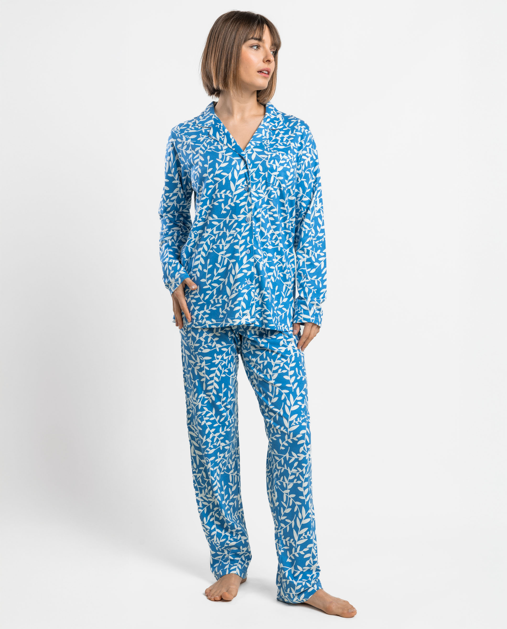 Pijama largo abierto de mujer de punto de algodón - Admas - Azul Azul-1