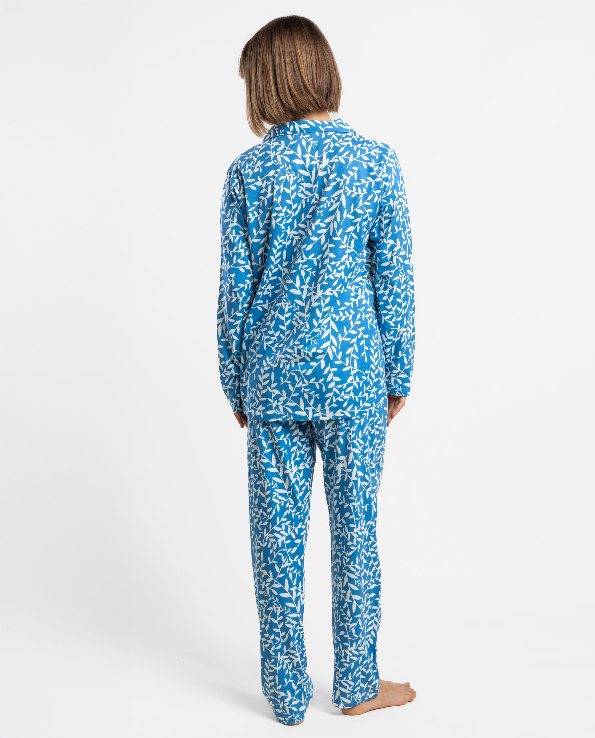 Pijama largo abierto de mujer de punto de algodón - Admas - Azul Azul-2