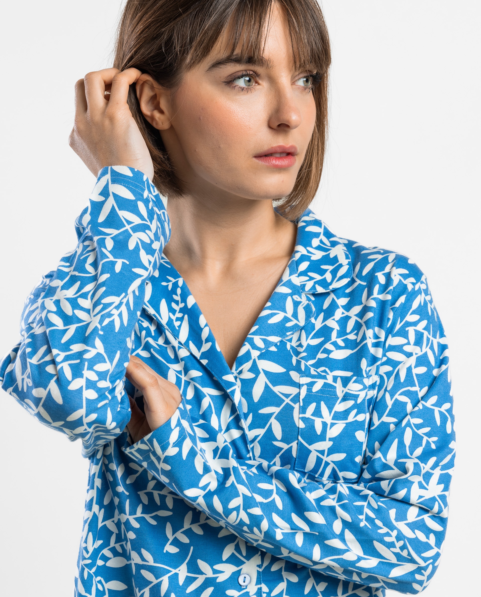 Pijama largo abierto de mujer de punto de algodón - Admas - Azul Azul-3