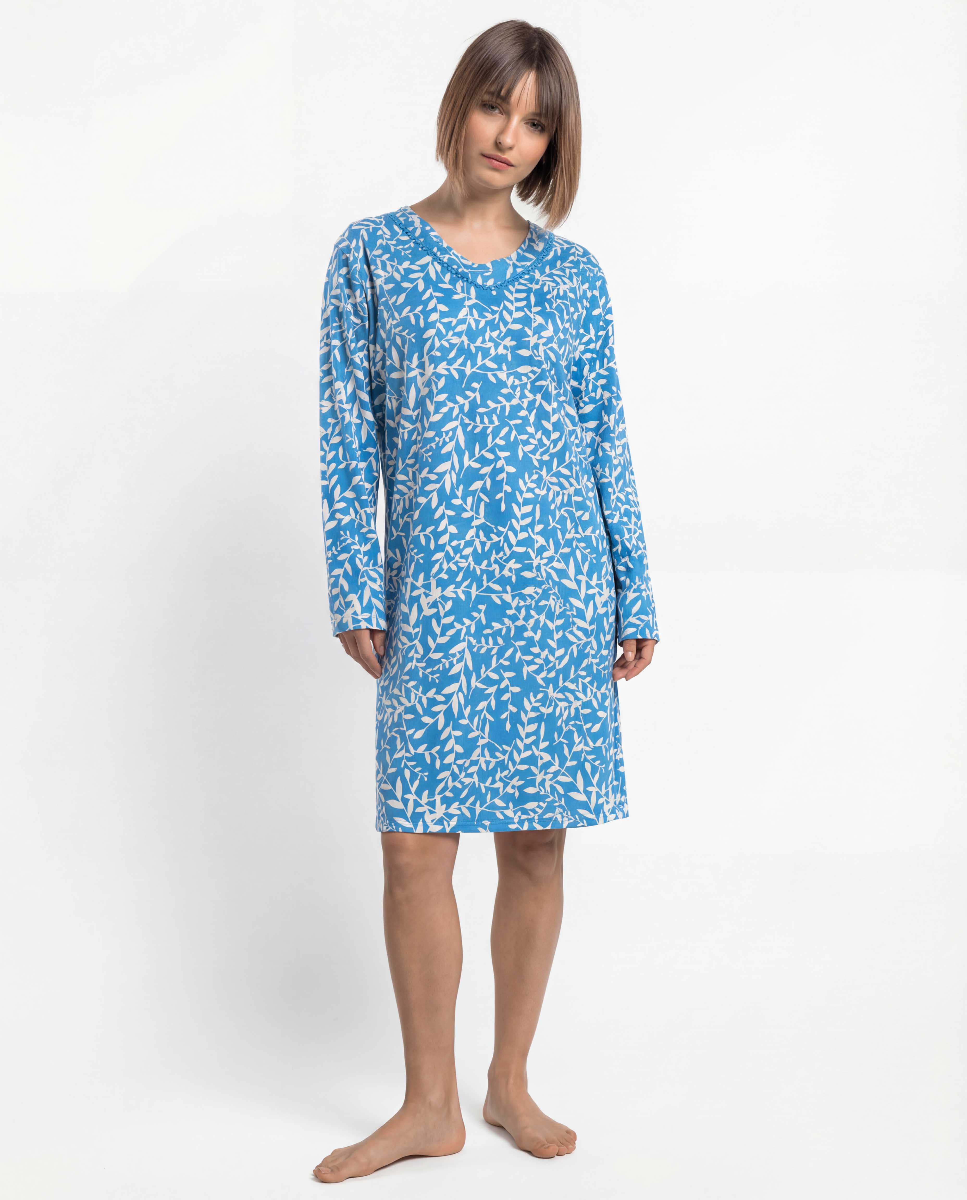 Camisón largo de mujer de punto de algodón - Admas - Azul Azul-1