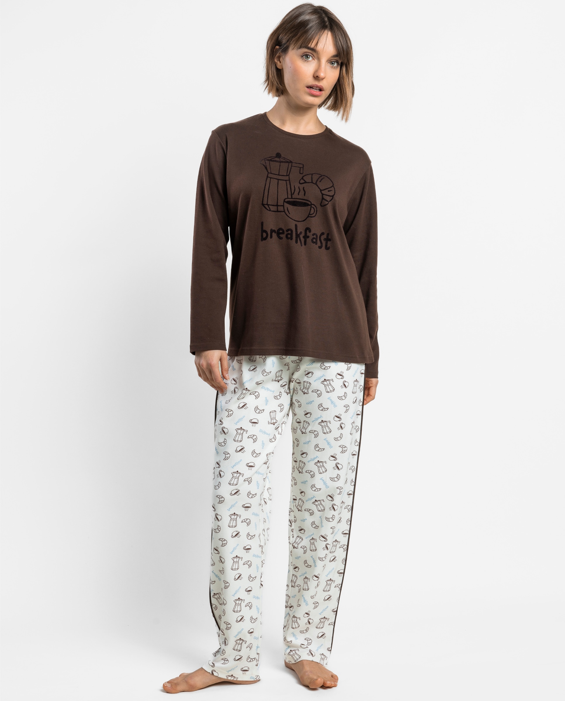 Pijama largo de mujer de punto de algodón - Admas - Marrón Marrón-1