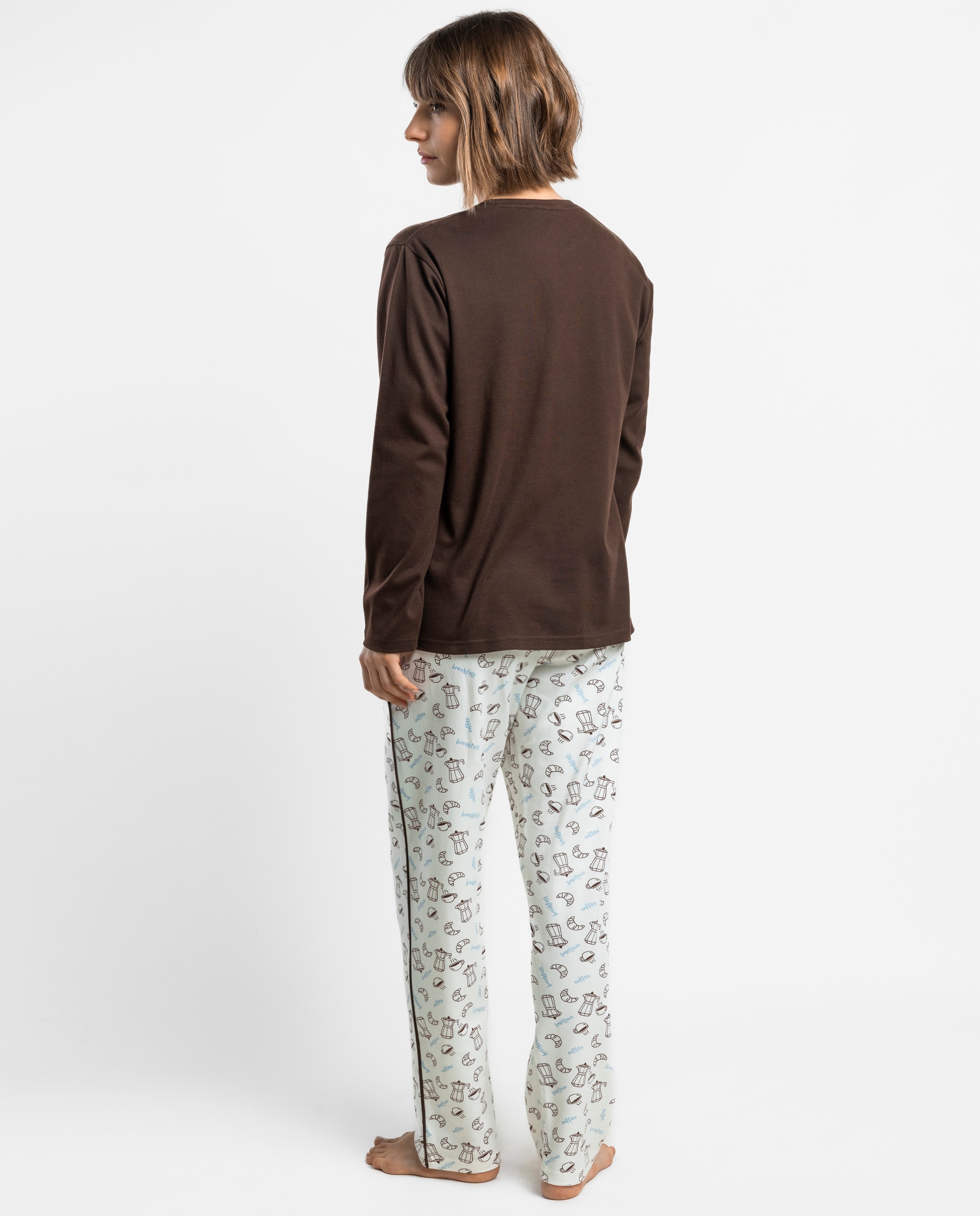 Pijama largo de mujer de punto de algodón - Admas - Marrón Marrón-2