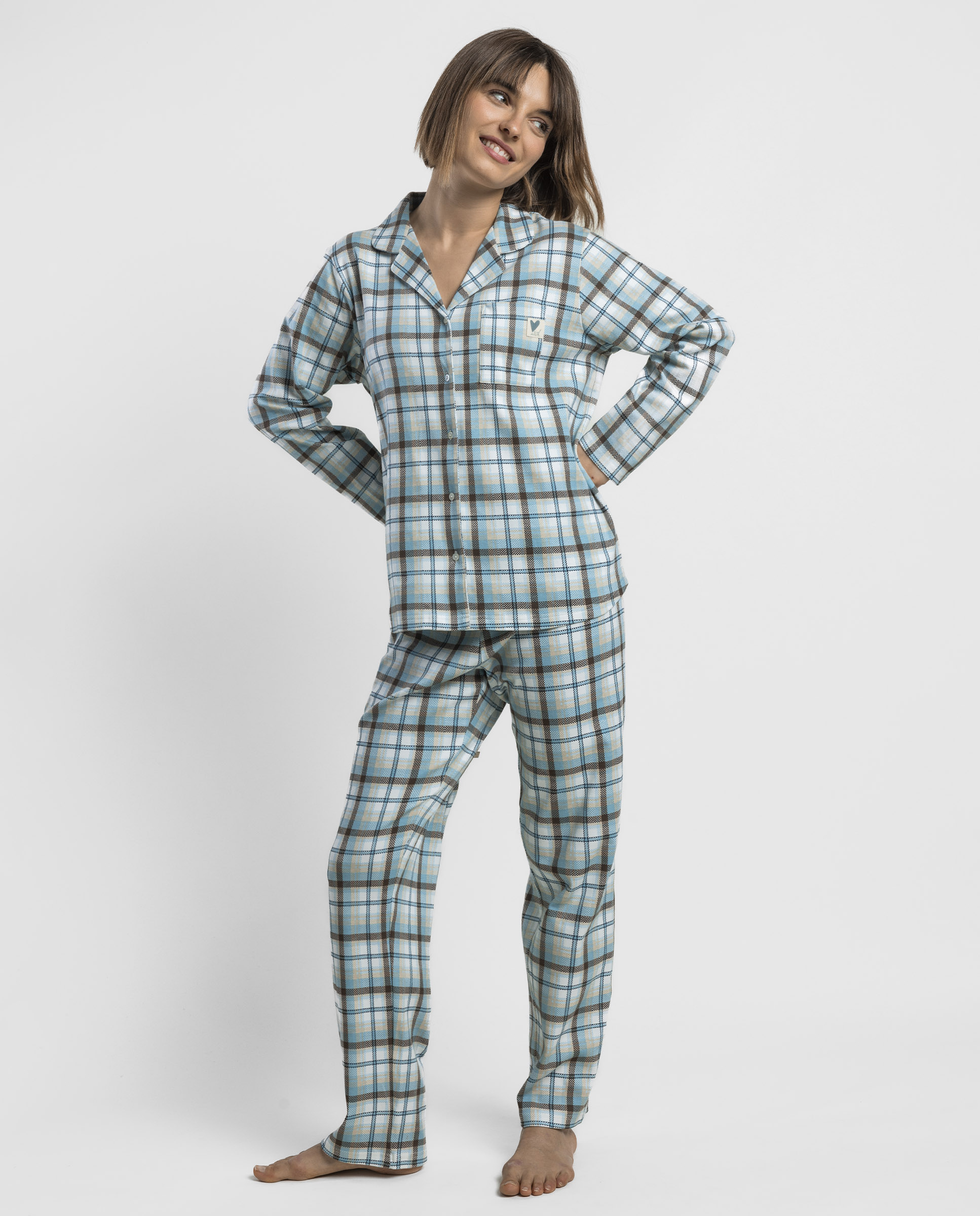 Pijama largo abierto de mujer de punto de algodón - Admas - Azul Azul-1