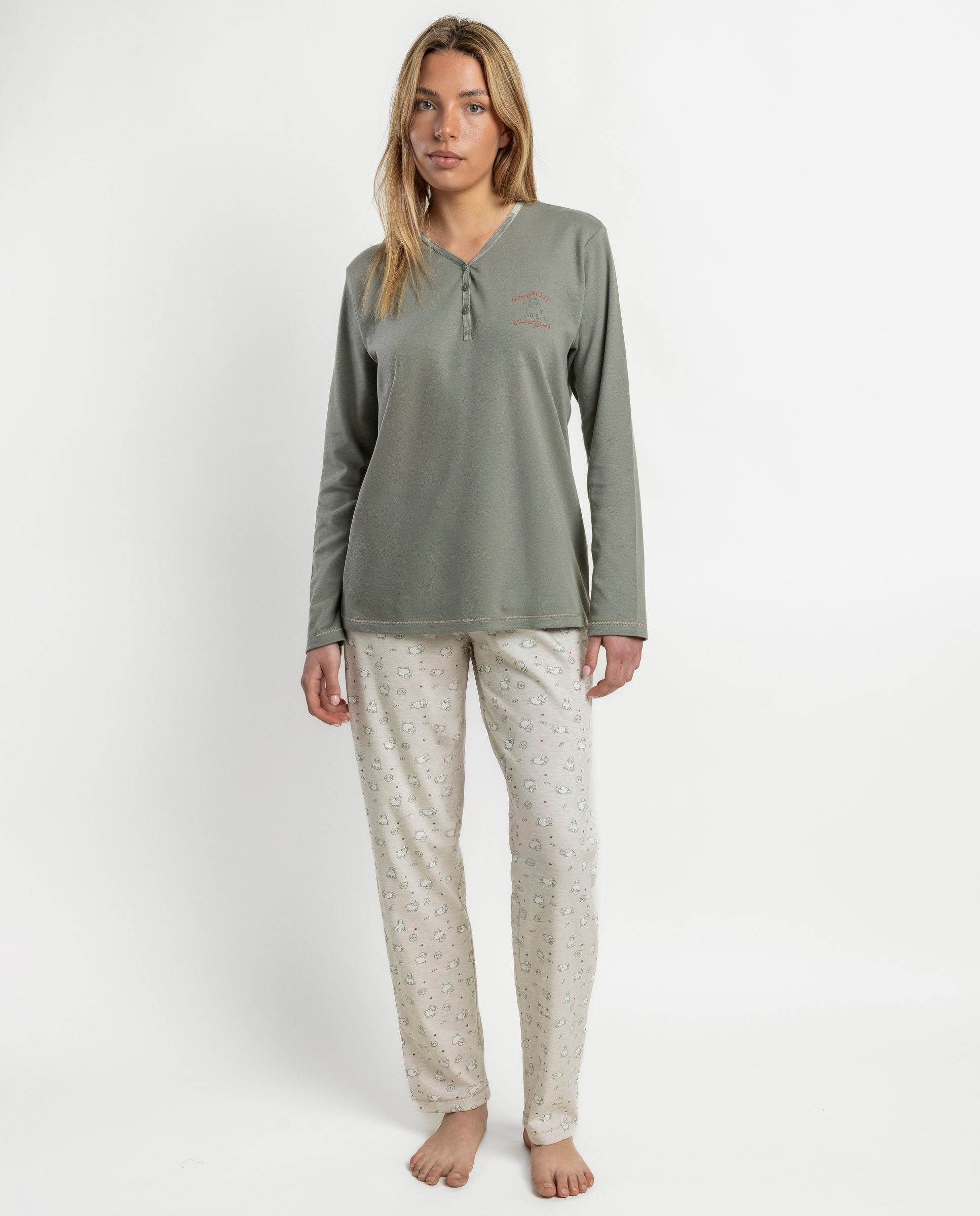 Pijama largo de mujer de punto de algodón - Admas - Verde Verde-1