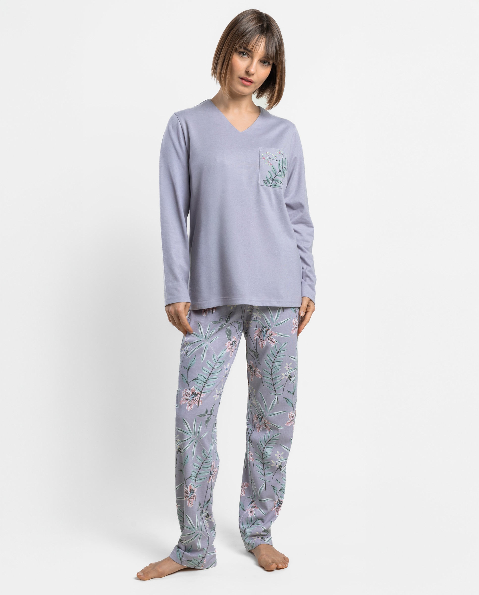 Pijama largo de mujer de punto de algodón - Admas - Lila Lila-1
