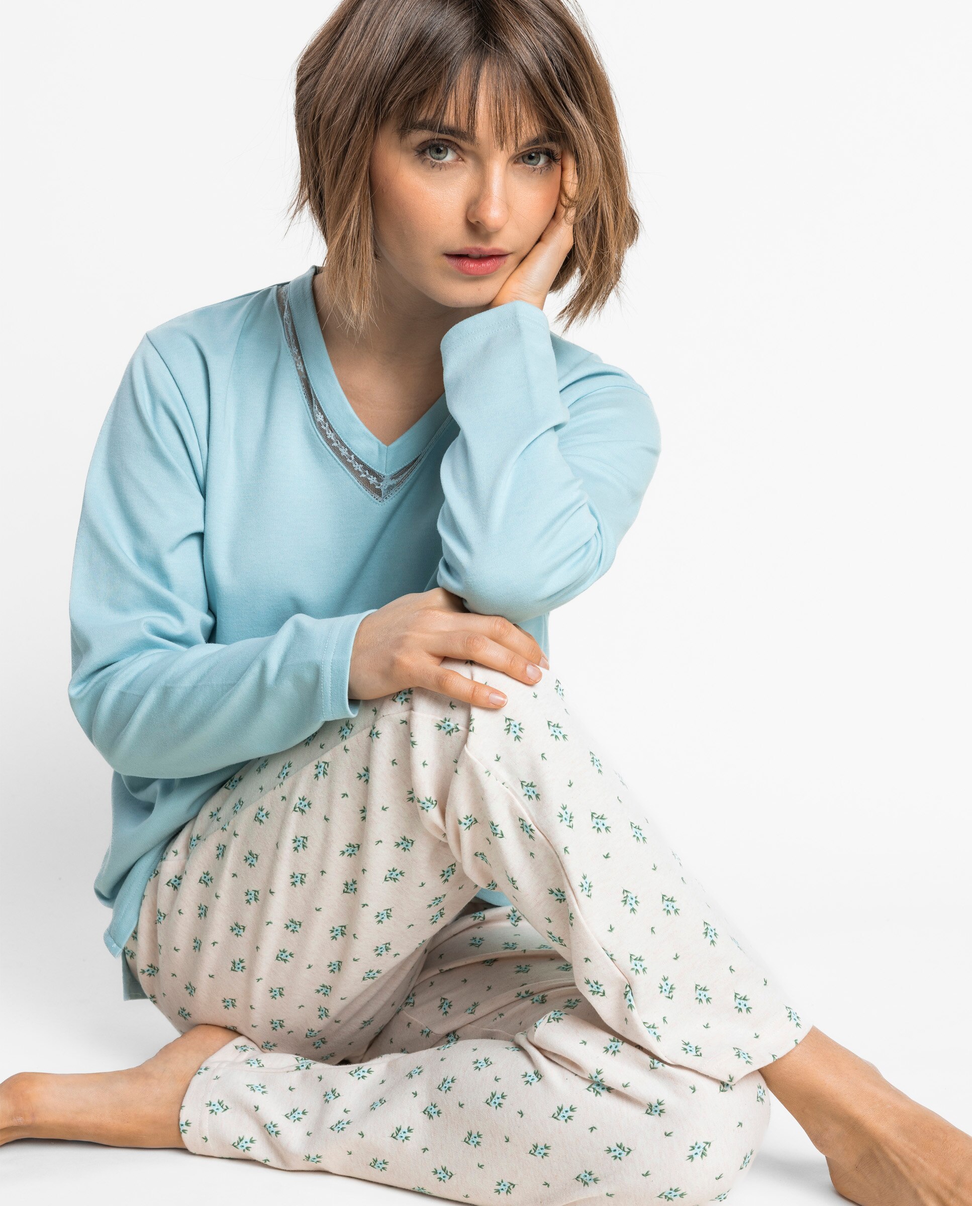 Pijama largo de mujer de punto de algodón - Admas - Verde Agua Verde Agua-3