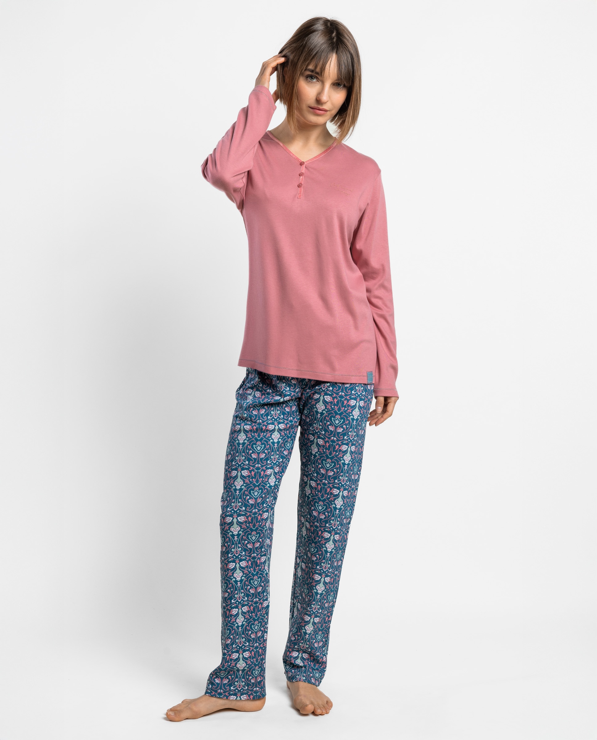Pijama largo de mujer de punto interlock de algodón - Admas - Rosa Rosa-1