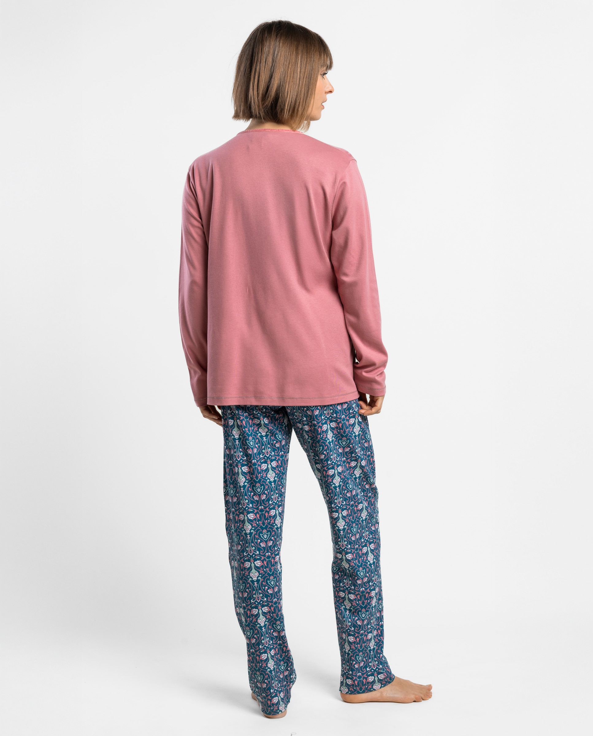 Pijama largo de mujer de punto interlock de algodón - Admas - Rosa Rosa-2