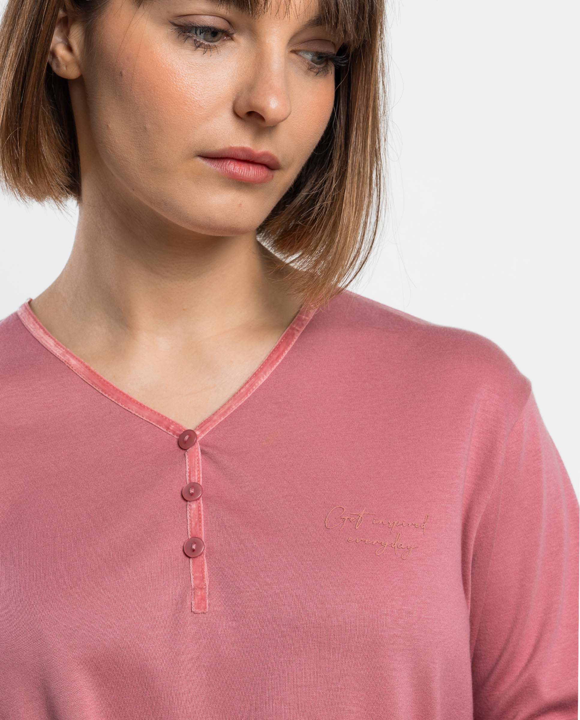 Pijama largo de mujer de punto interlock de algodón - Admas - Rosa Rosa-3