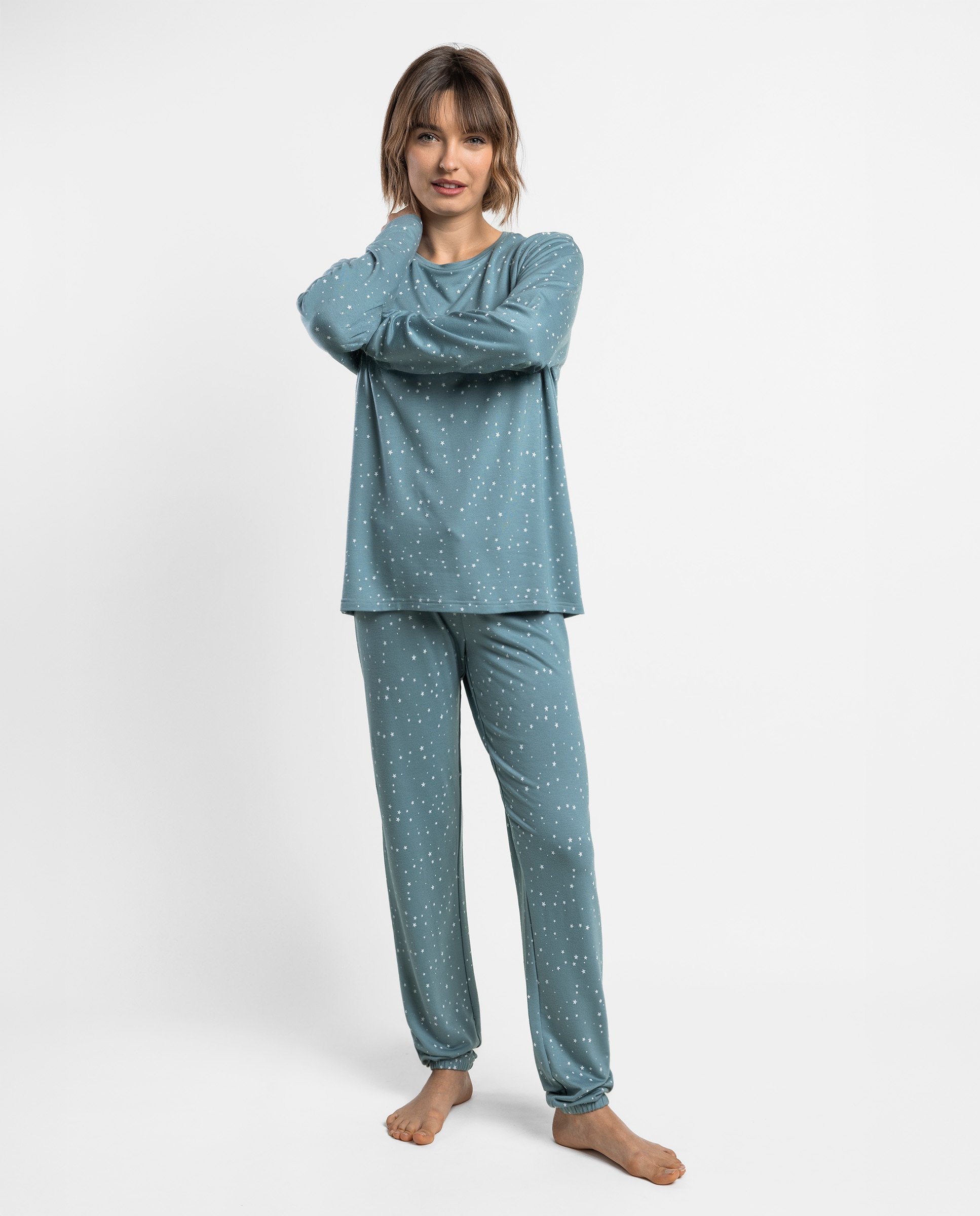 Pijama largo de mujer de punto viscosa - Admas - Azul Azul-1