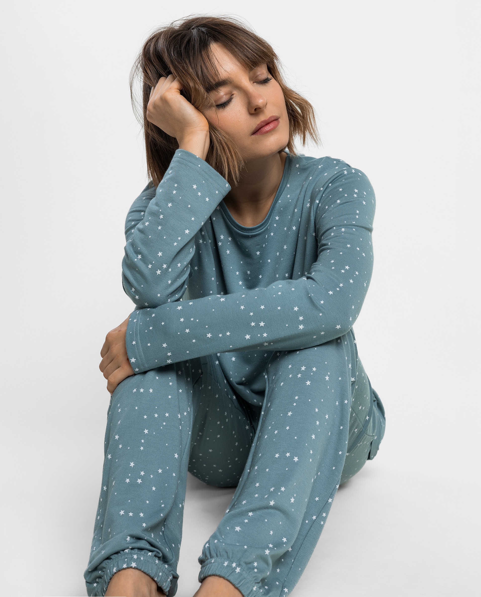 Pijama largo de mujer de punto viscosa - Admas - Azul Azul-3