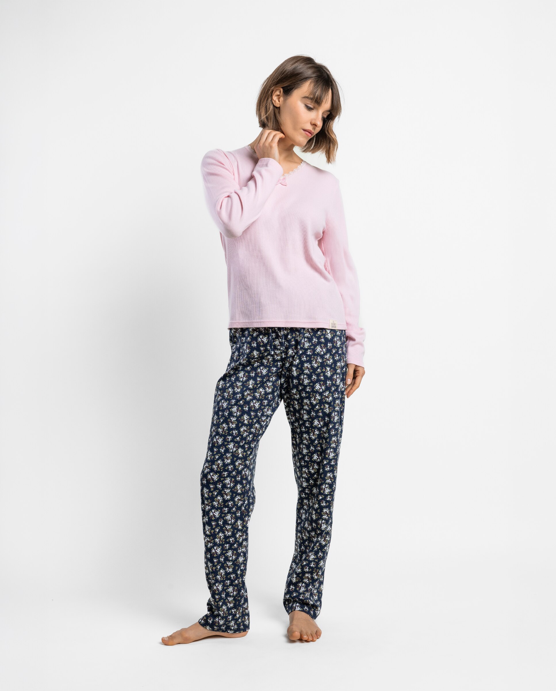 Pijama largo de mujer de punto de algodón canalé - Admas - Rosa Rosa-1
