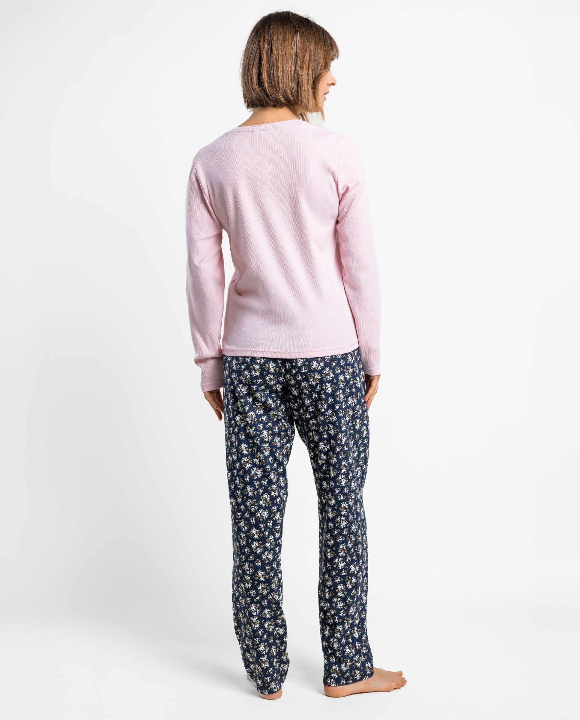 Pijama largo de mujer de punto de algodón canalé - Admas - Rosa Rosa-2
