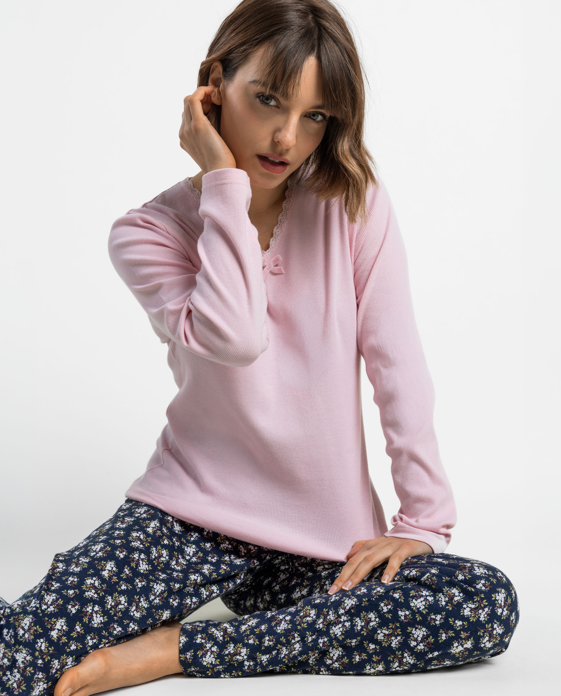 Pijama largo de mujer de punto de algodón canalé - Admas - Rosa Rosa-3