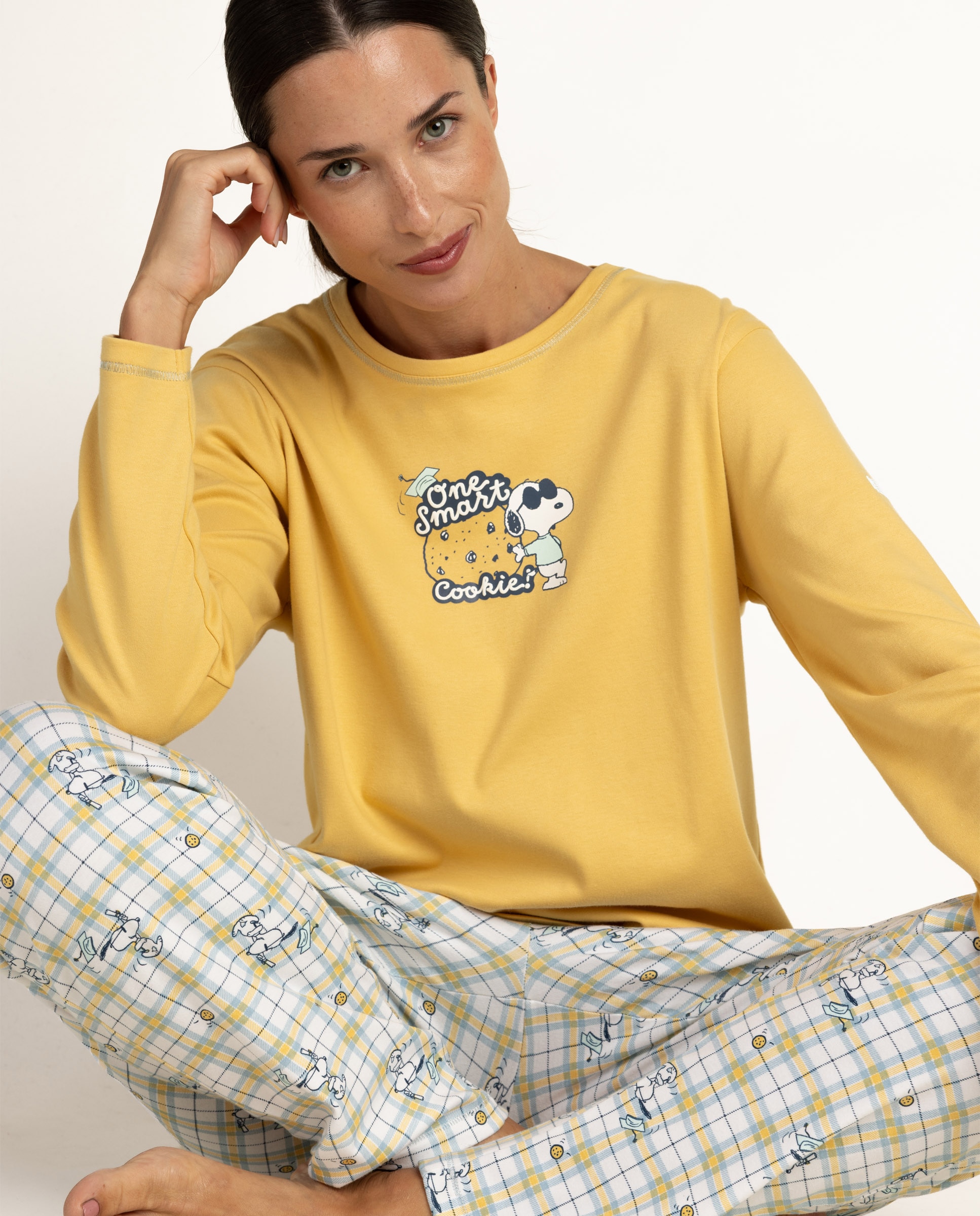 Pijama largo de mujer de punto interlock de algodón - Peanuts - Mostaza Mostaza-3