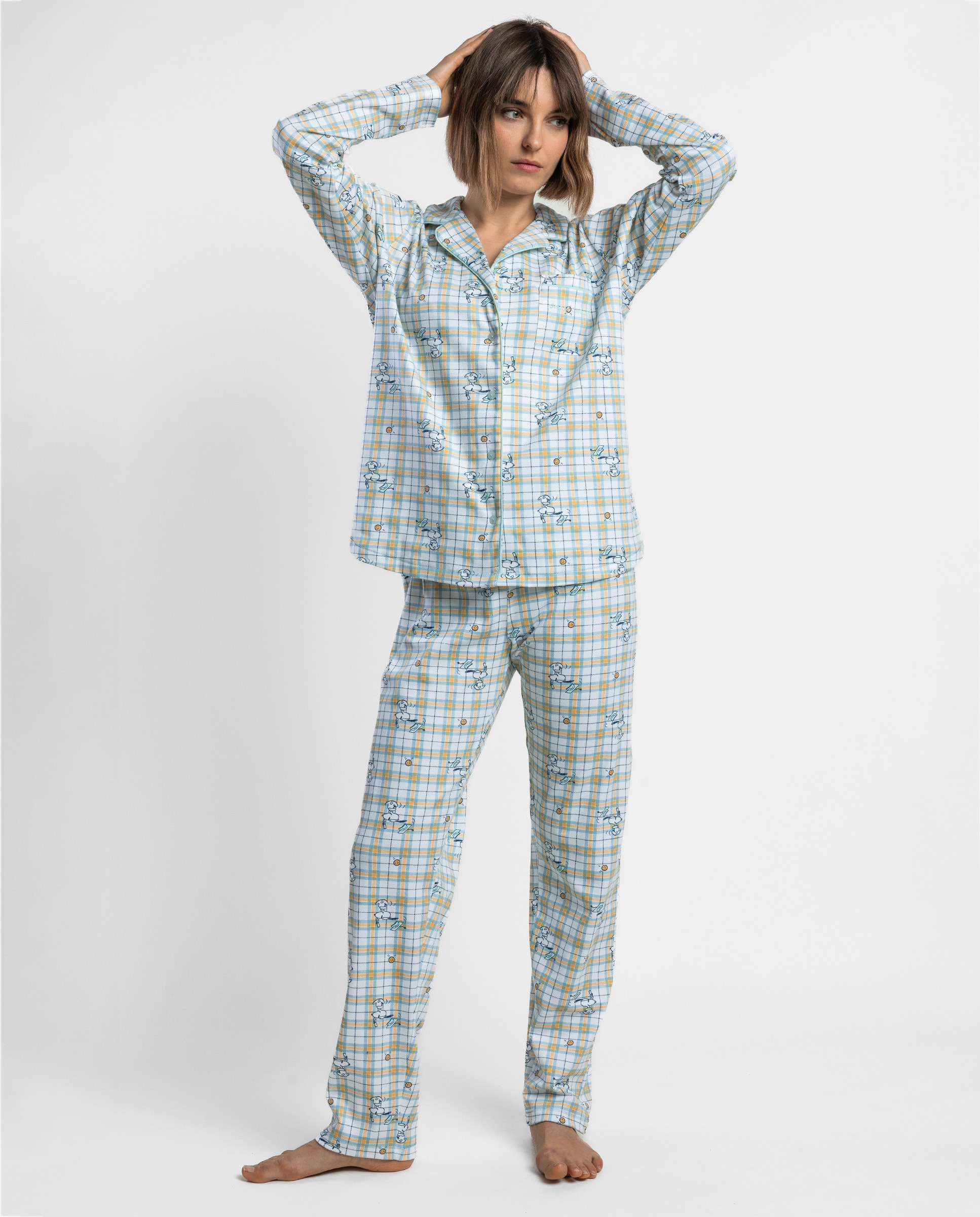 Imagen 0 de Pijama largo abierto de mujer de punto interlock de algodón Azul