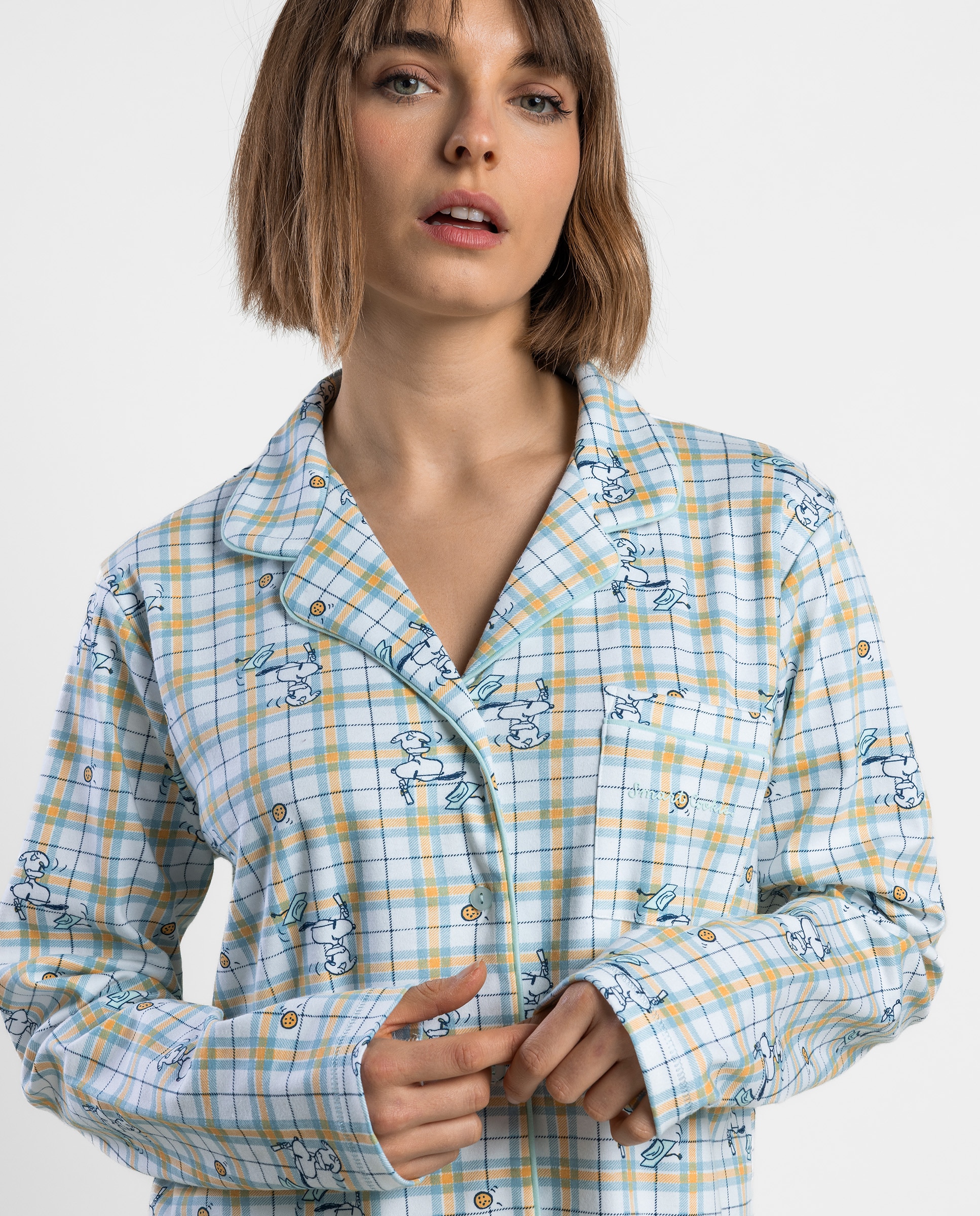Pijama largo abierto de mujer de punto interlock de algodón - Peanuts - Azul Azul-3