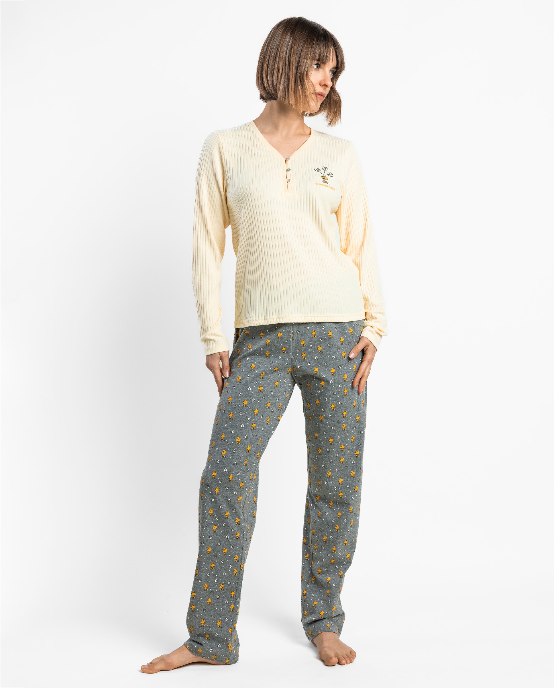 Pijama largo de mujer de punto de algodón canalé - Peanuts - Crema Crema-1