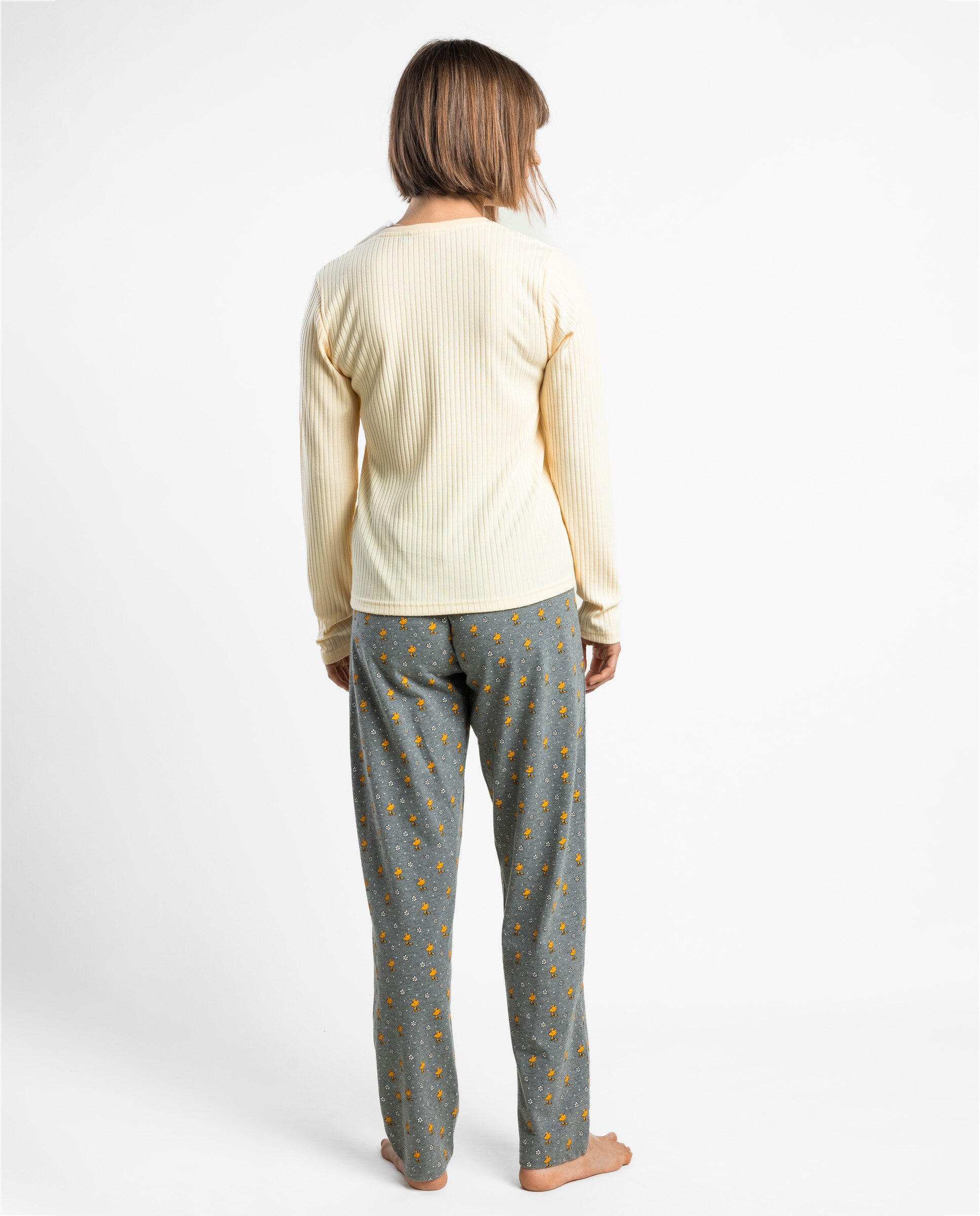 Pijama largo de mujer de punto de algodón canalé - Peanuts - Crema Crema-2