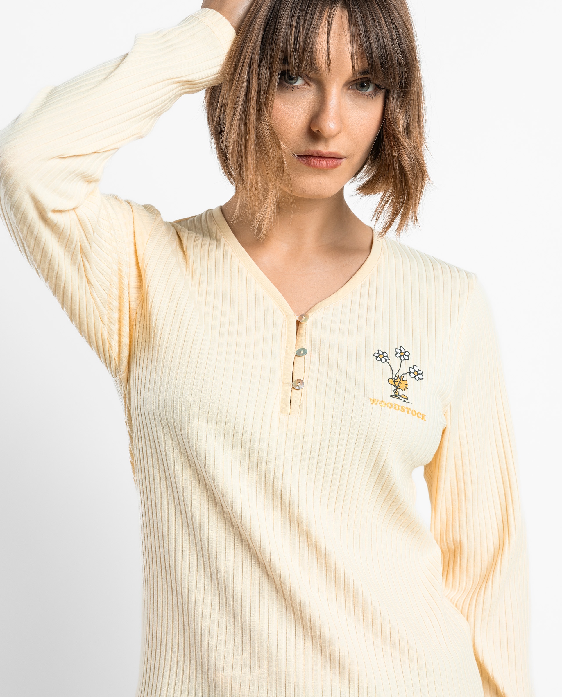Pijama largo de mujer de punto de algodón canalé - Peanuts - Crema Crema-3