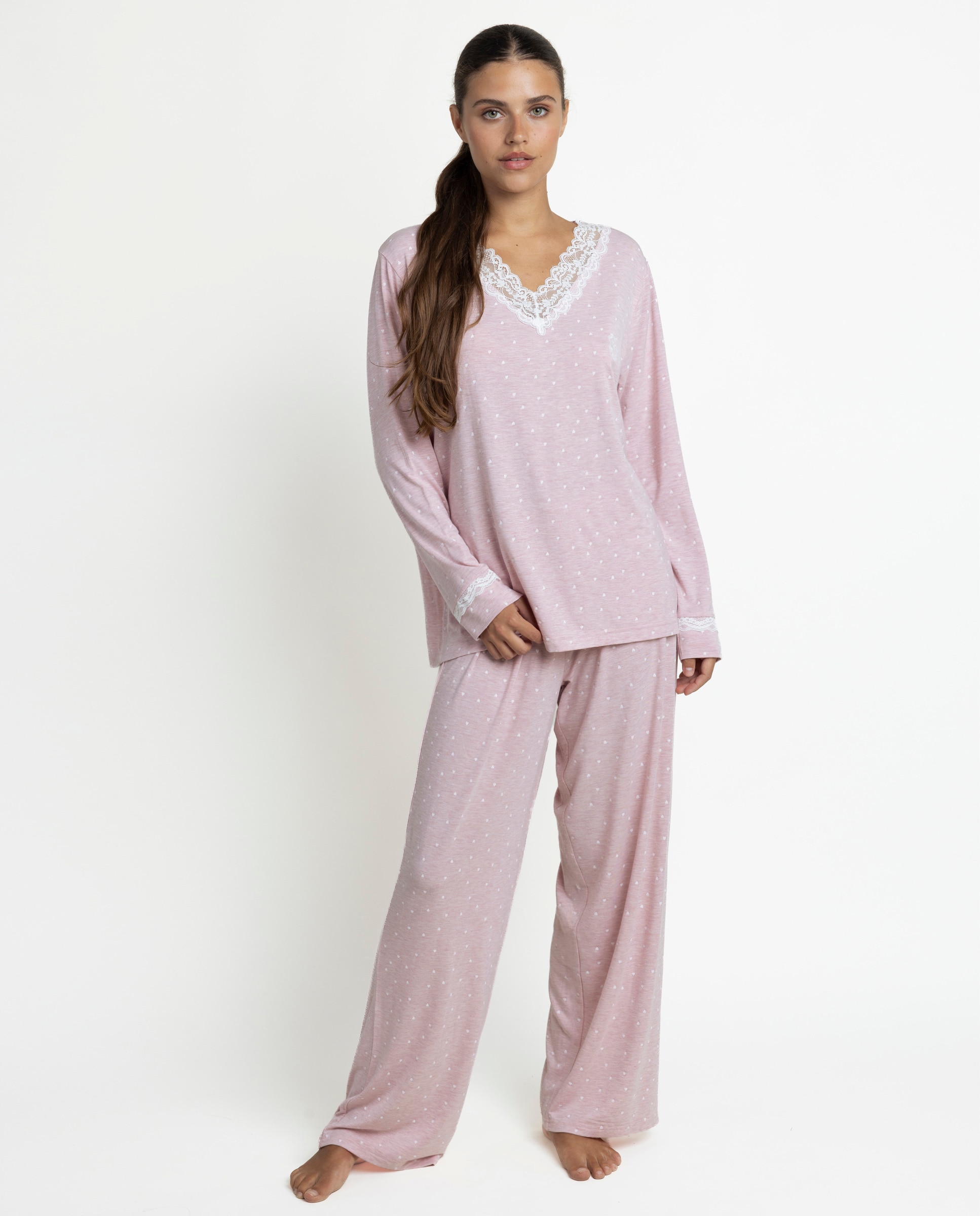 Pijama largo de mujer de punto viscosa - Admas - Rosa Rosa-1