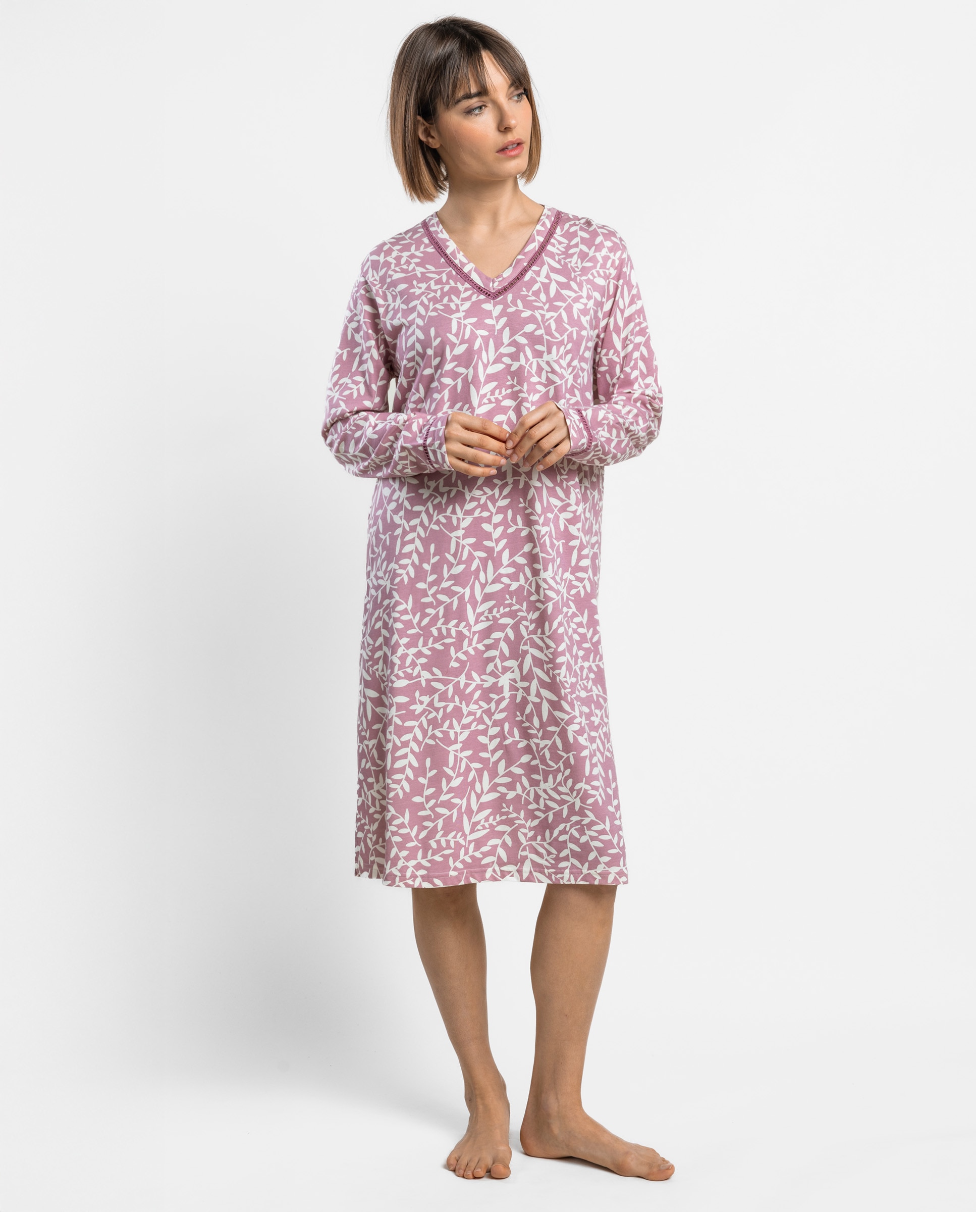 Camisón largo de mujer de punto de algodón - Admas - Rosa Rosa-1