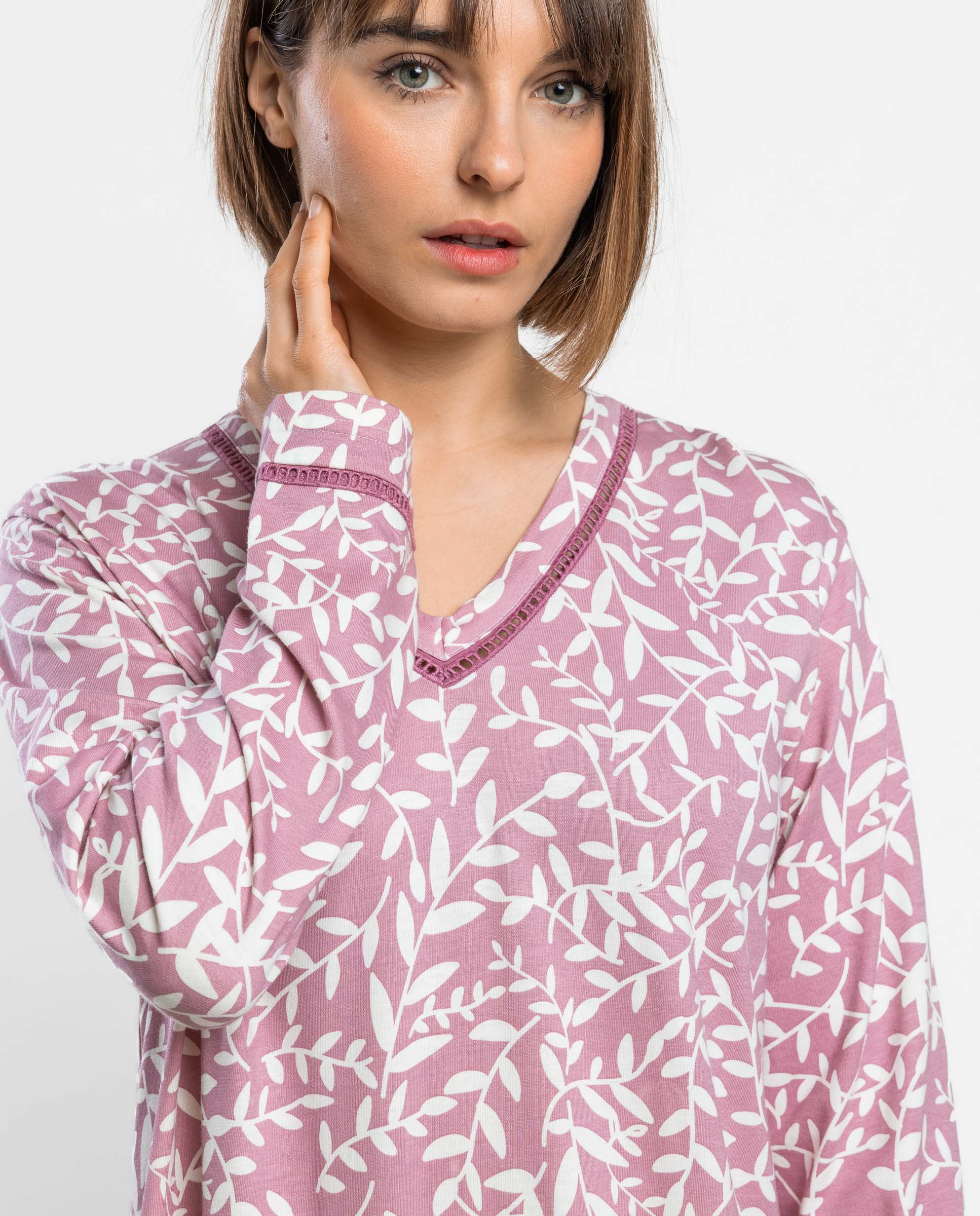 Camisón largo de mujer de punto de algodón - Admas - Rosa Rosa-3