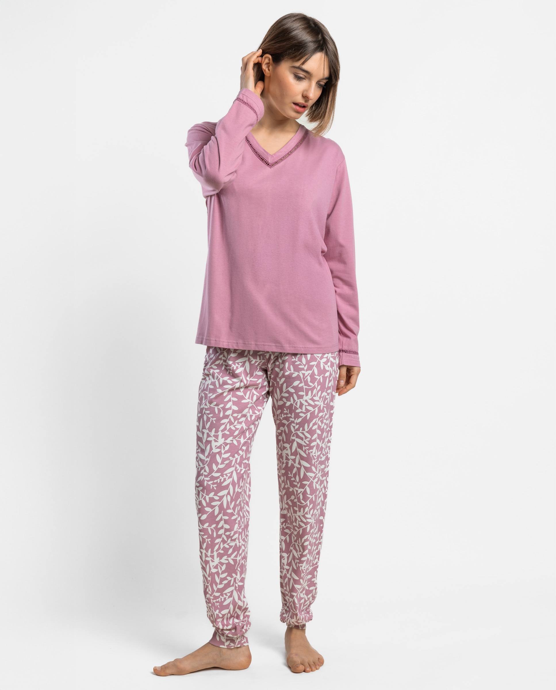 Pijama largo de mujer de punto de algodón - Admas - Rosa Rosa-1