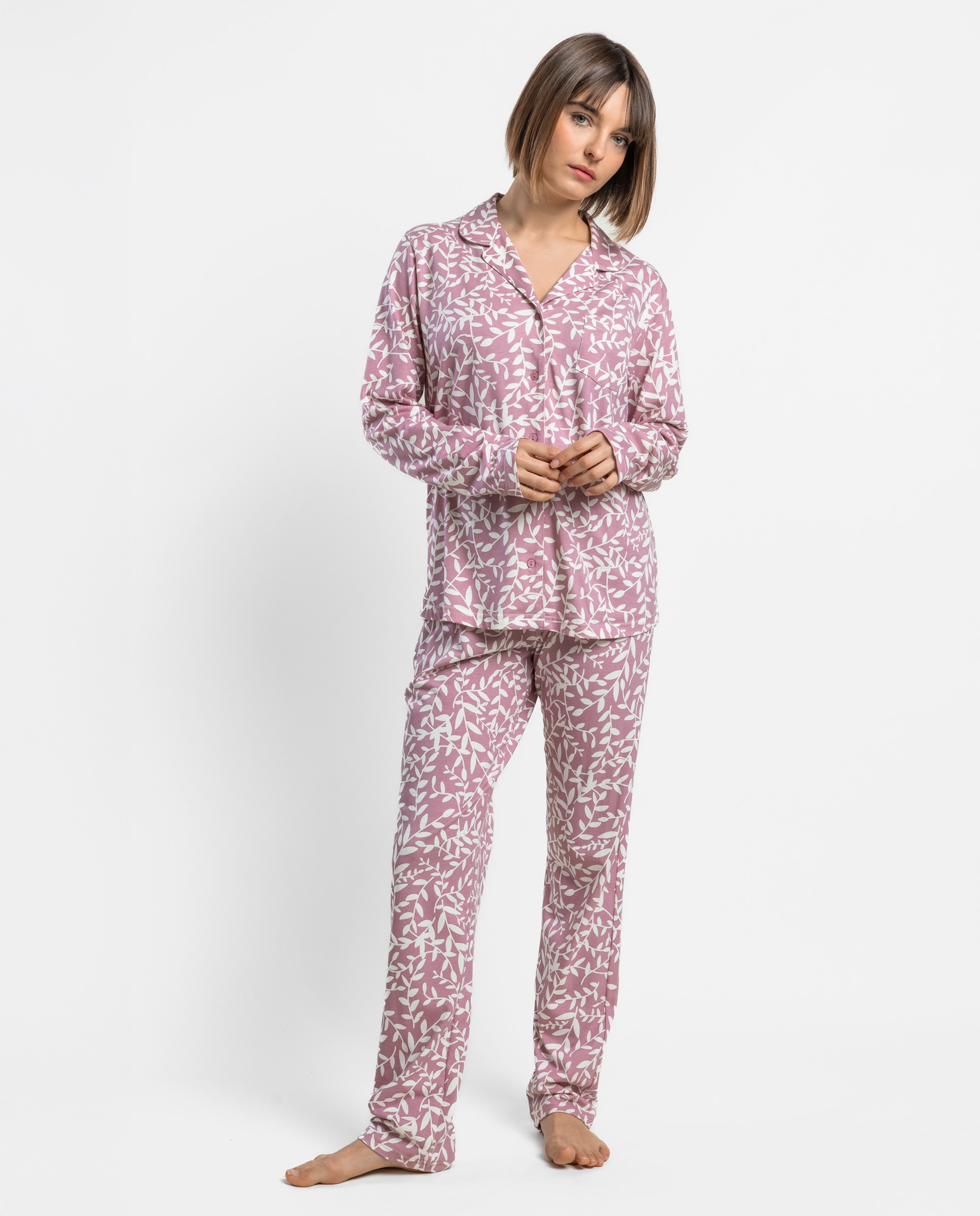 Pijama largo abierto de mujer de punto de algodón - Admas - Rosa Rosa-1