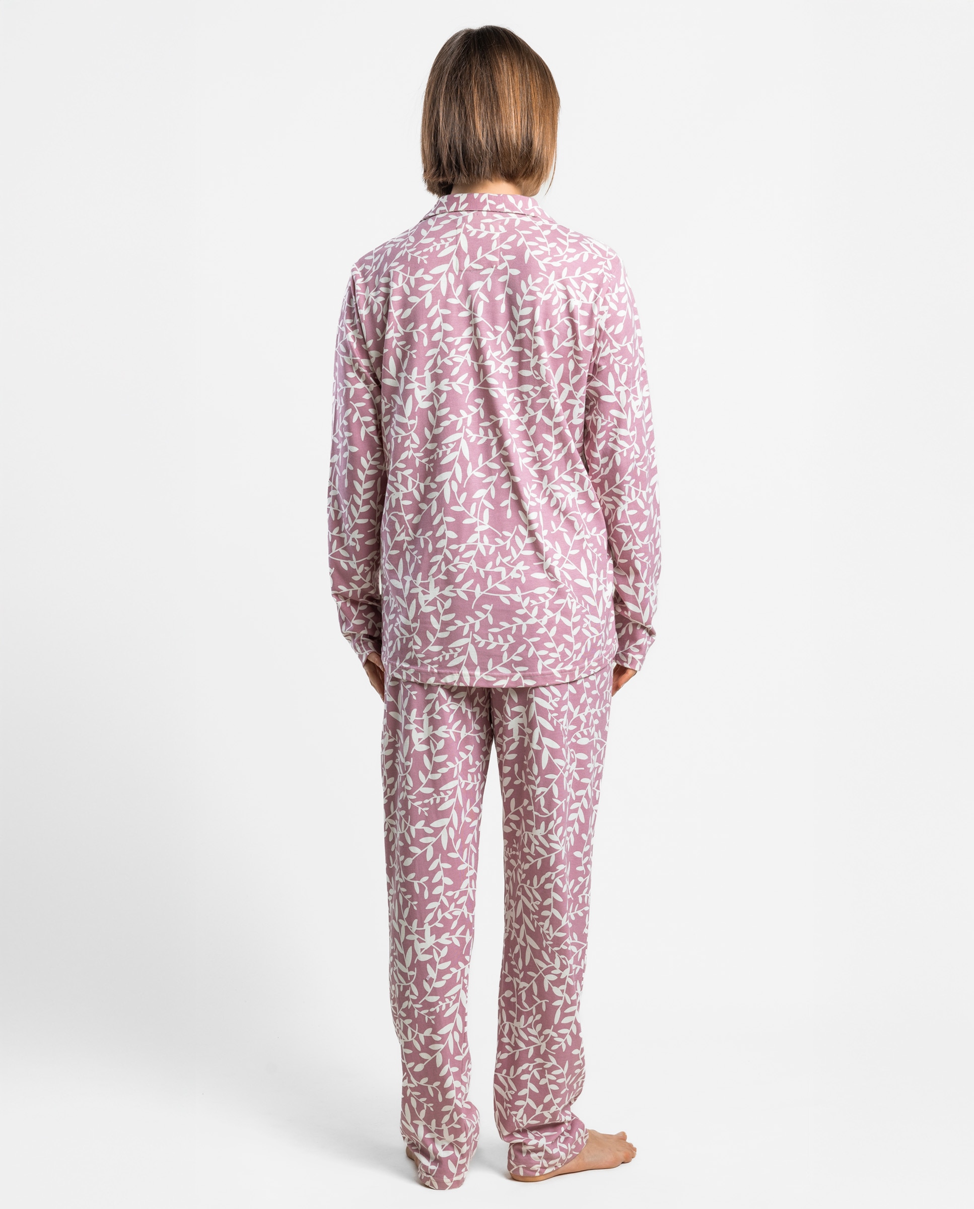 Pijama largo abierto de mujer de punto de algodón - Admas - Rosa Rosa-2