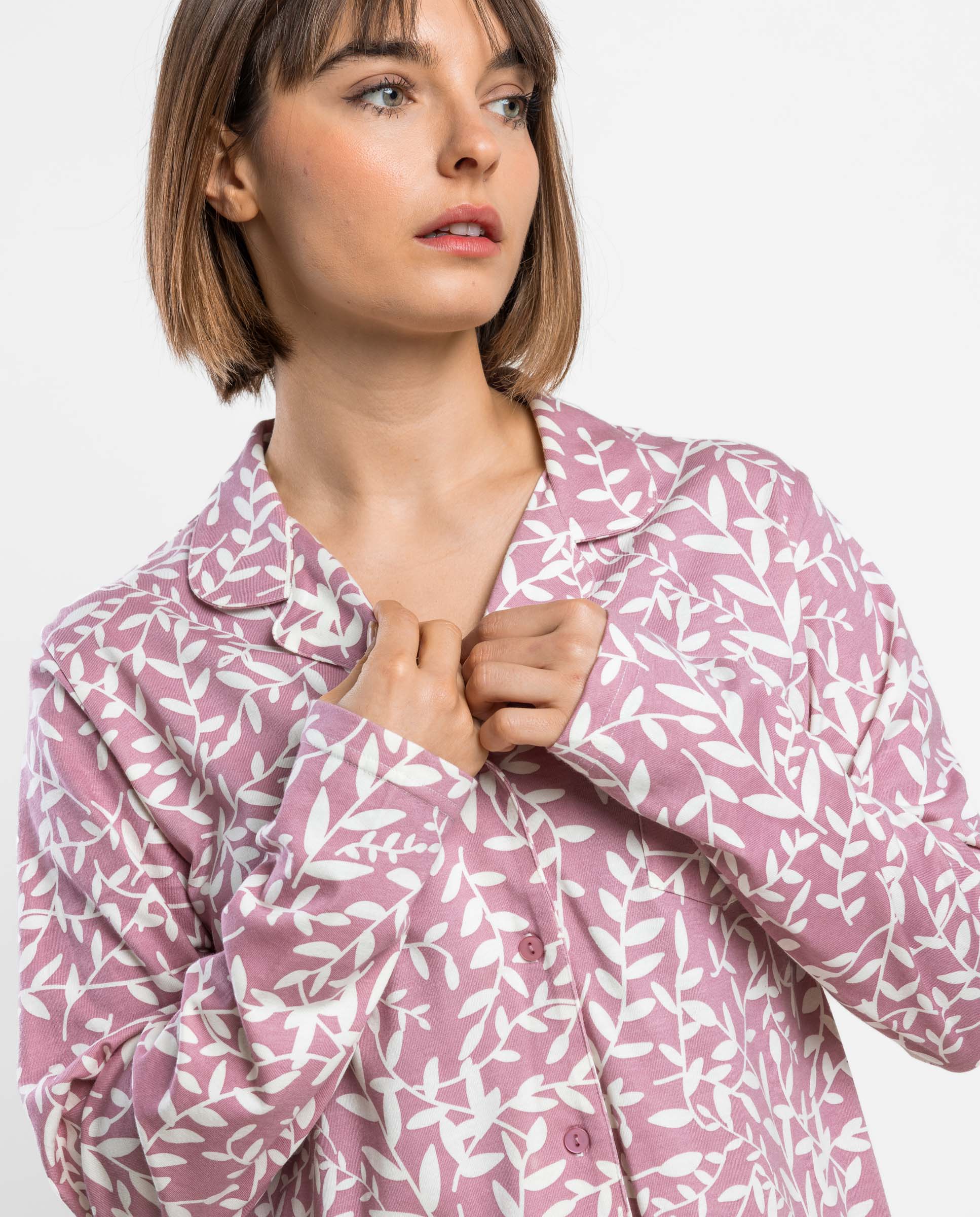 Pijama largo abierto de mujer de punto de algodón - Admas - Rosa Rosa-3