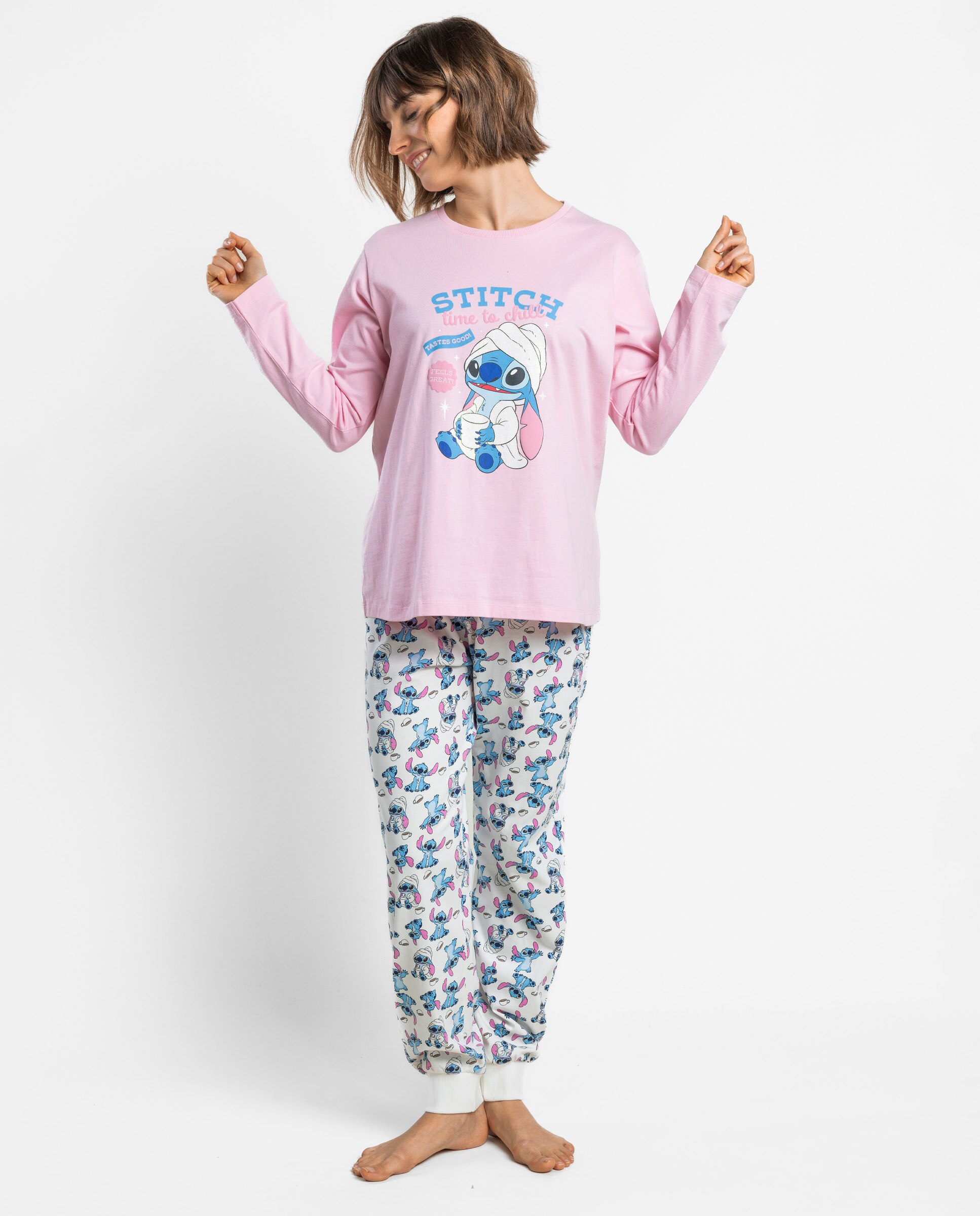 Pijama largo de mujer de punto de algodón - Disney - Rosa Rosa-1