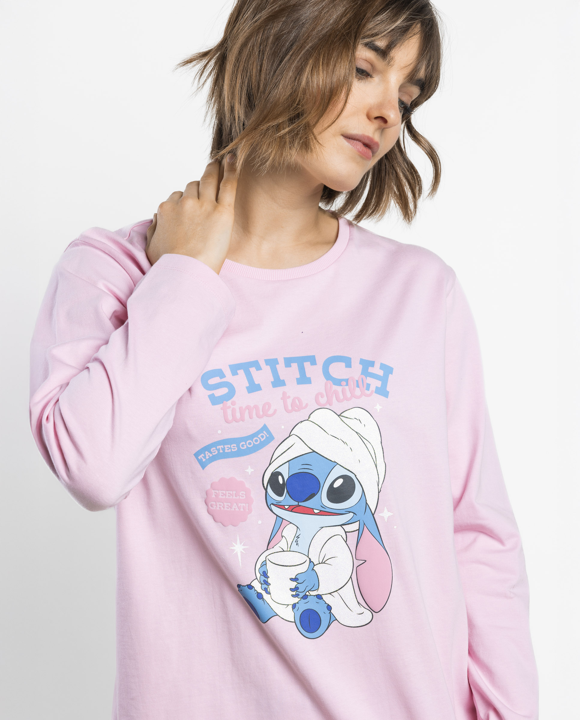 Pijama largo de mujer de punto de algodón - Disney - Rosa Rosa-3