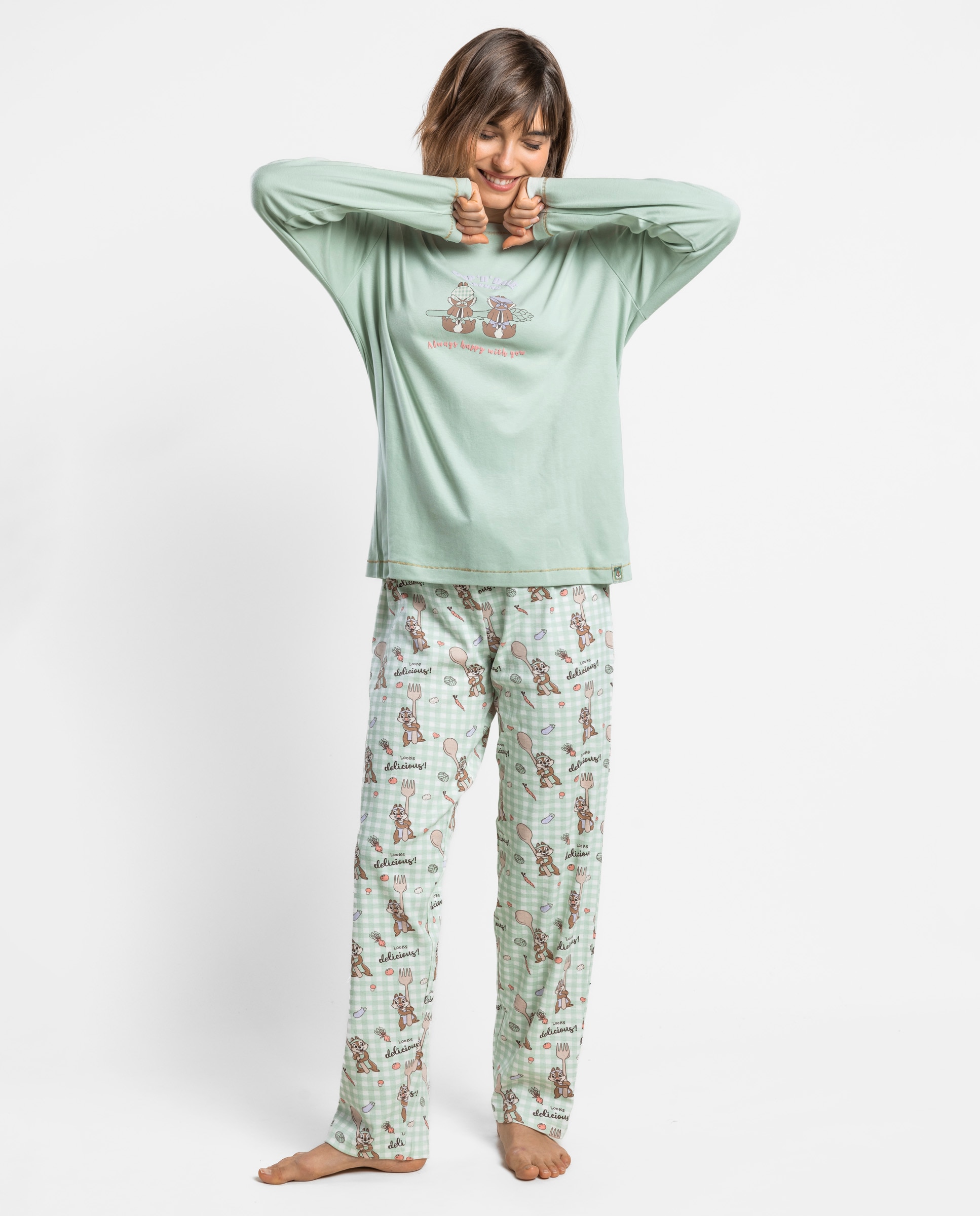 Pijama largo de mujer de punto interlock de algodón - Disney - Verde Verde-1