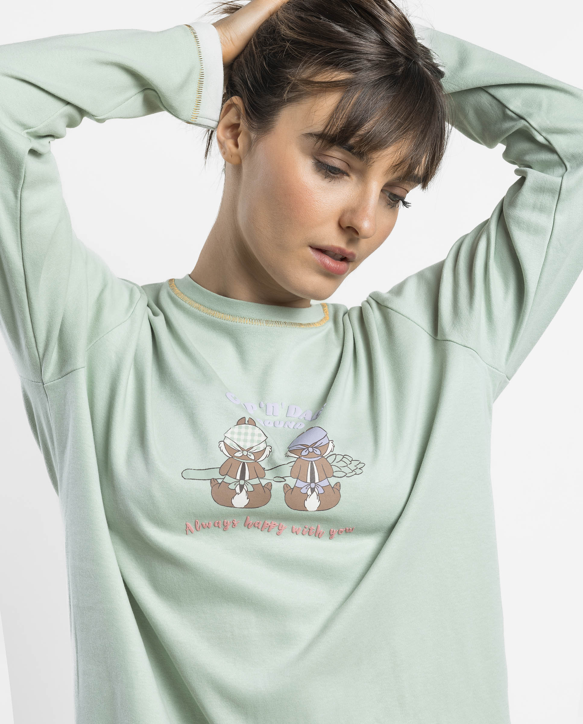 Pijama largo de mujer de punto interlock de algodón - Disney - Verde Verde-3